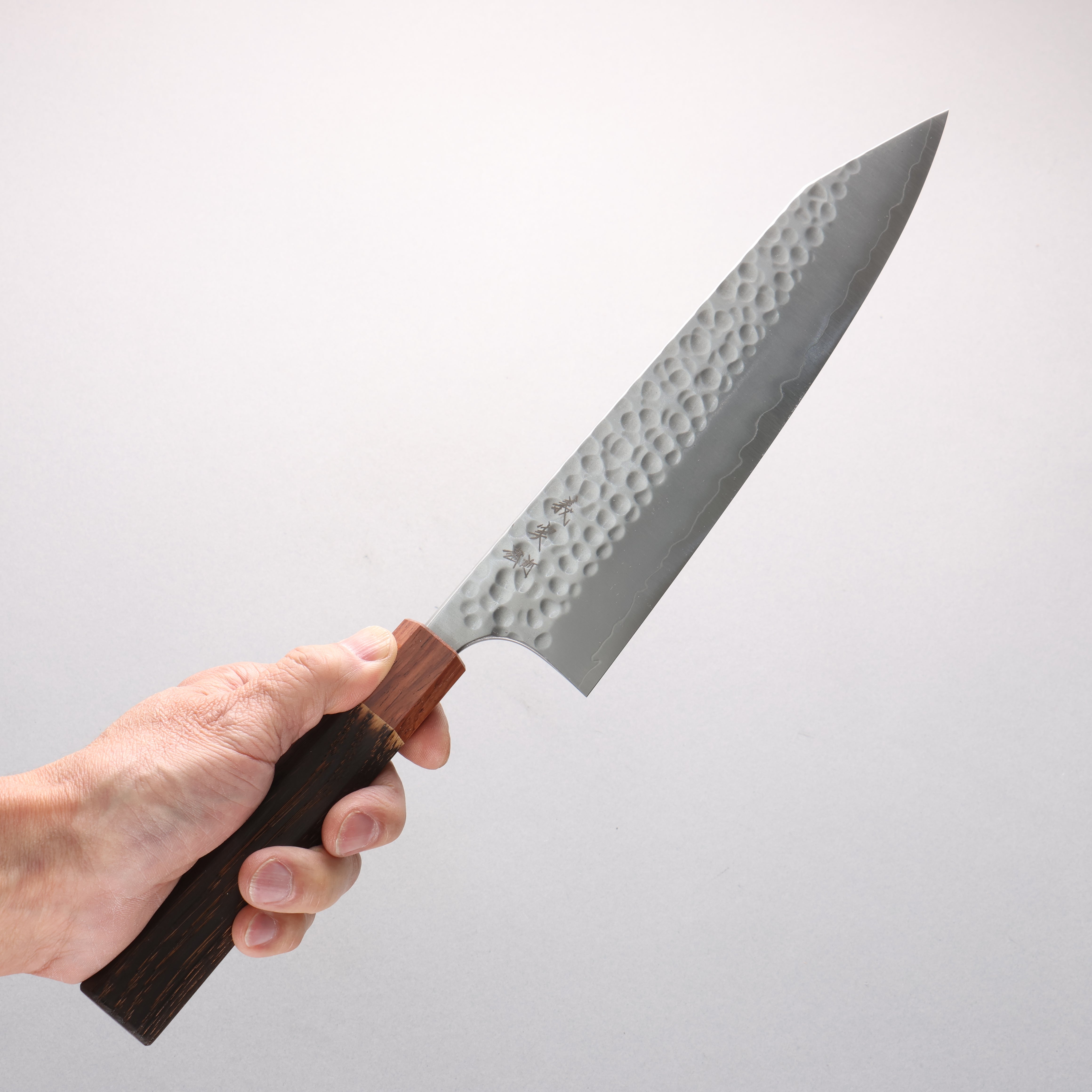 Yoshimi Kato Silver Steel No.3 Hammered(Maru) Migaki Finished Kiritsuke Gyuto 240mm Burnt Chestnut (ferrule: Rosewood) Handle - Seisuke Knife