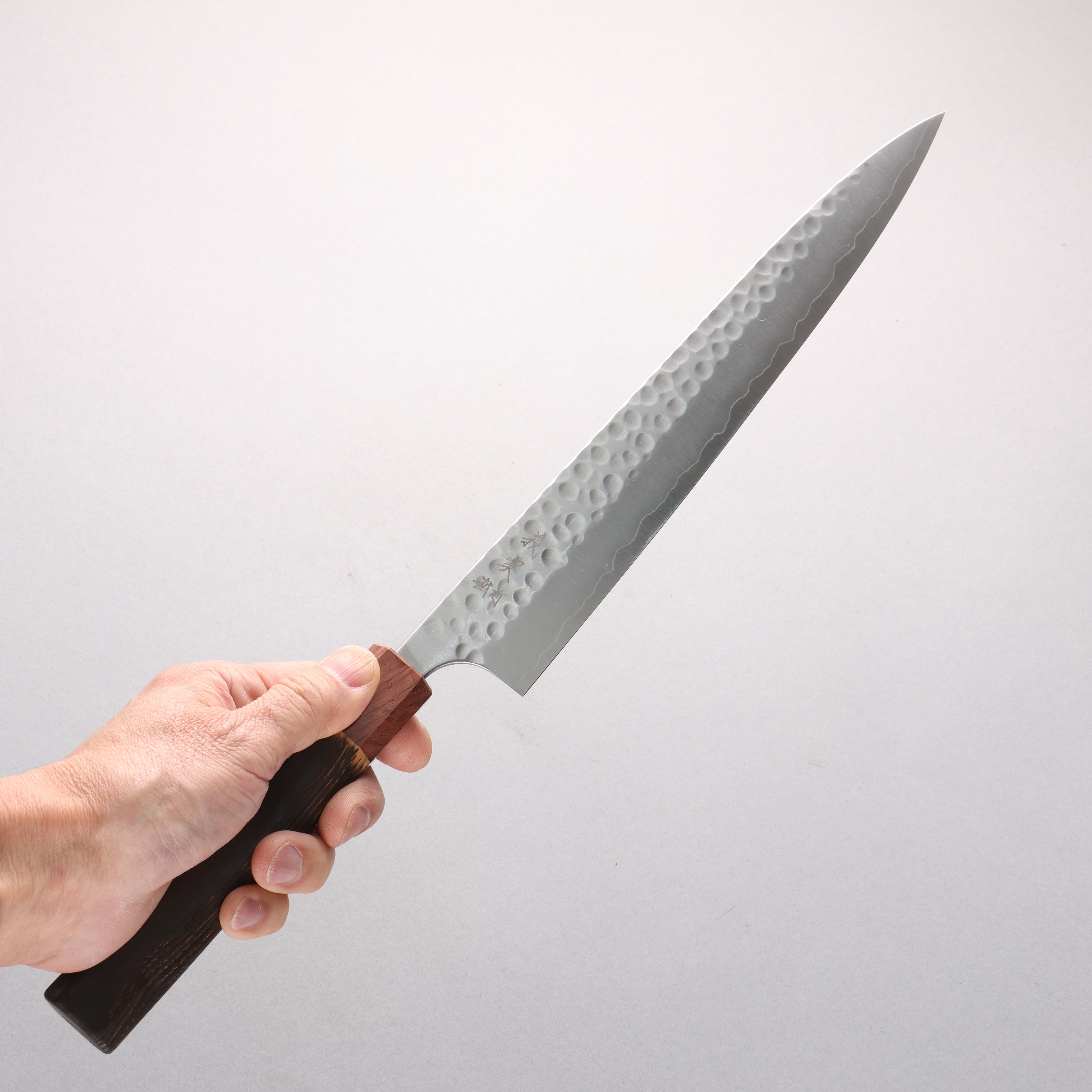 Yoshimi Kato Silver Steel No.3 Hammered(Maru) Migaki Finished Sujihiki 270mm Burnt Chestnut (ferrule: Rosewood) Handle - Seisuke Knife