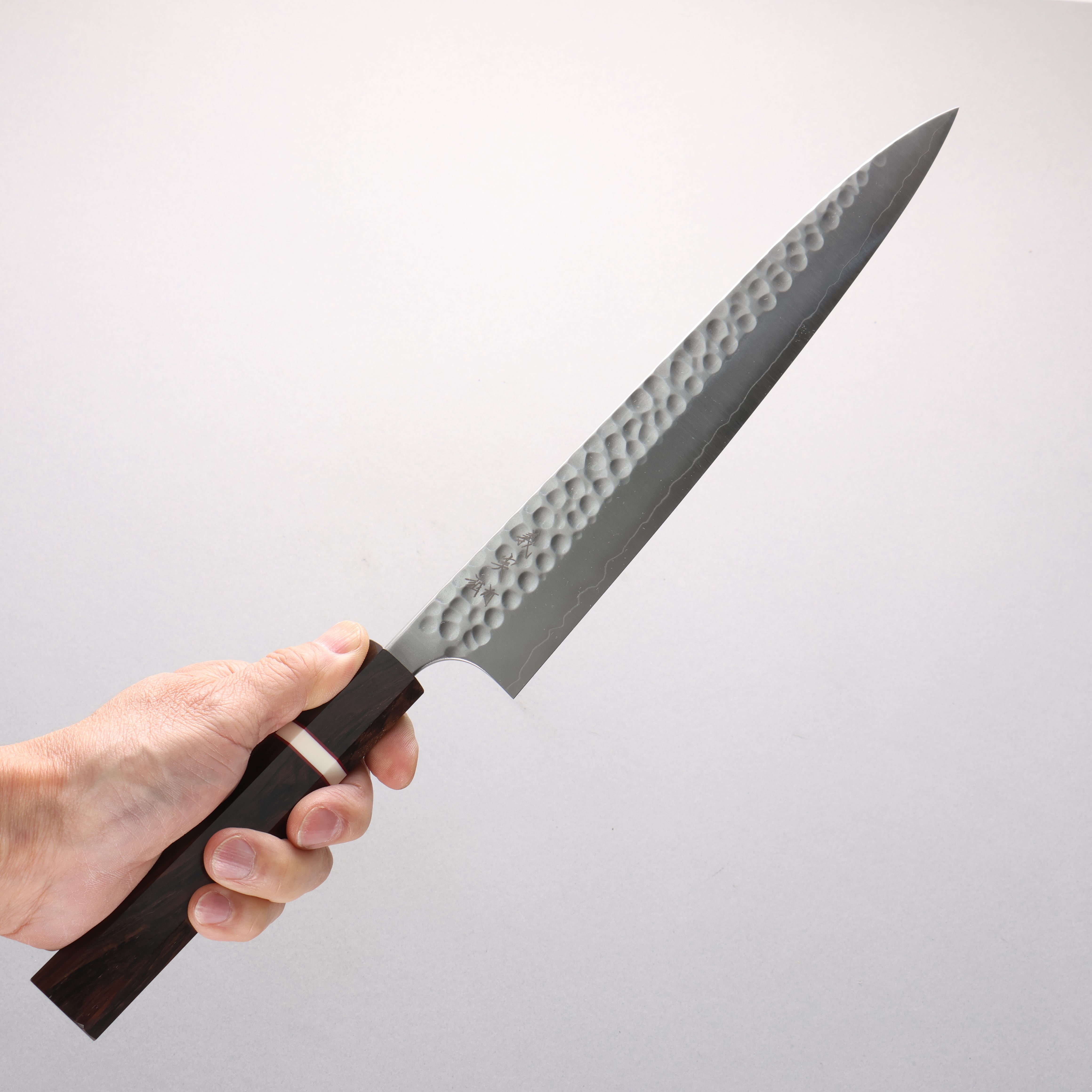 Yoshimi Kato Silver Steel No.3 Hammered(Maru) Migaki Finished Sujihiki 270mm Ebony Wood(With White Ring) Handle - Seisuke Knife