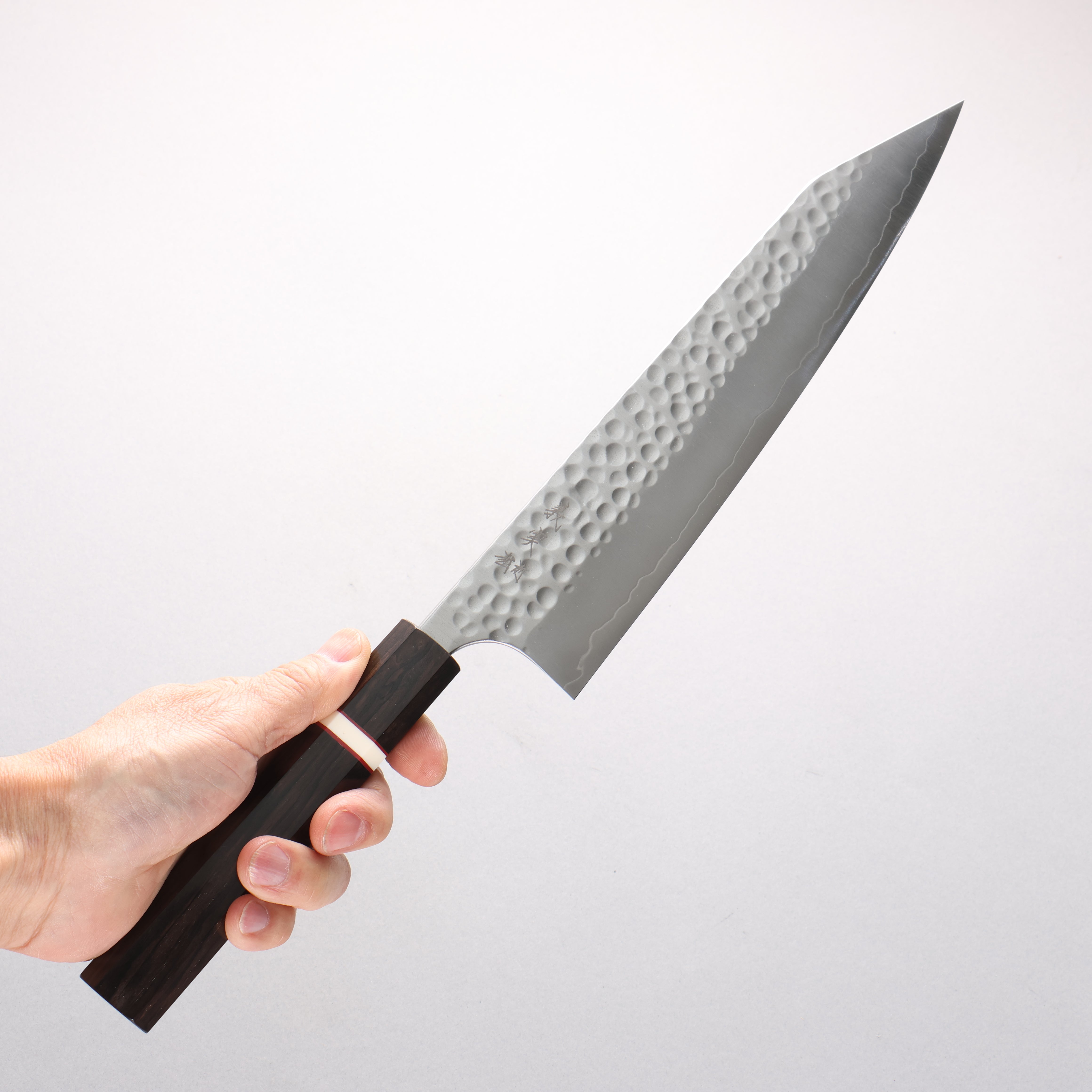 Yoshimi Kato Silver Steel No.3 Hammered(Maru) Migaki Finished Kiritsuke Gyuto 240mm Ebony Wood(With White Ring) Handle - Seisuke Knife