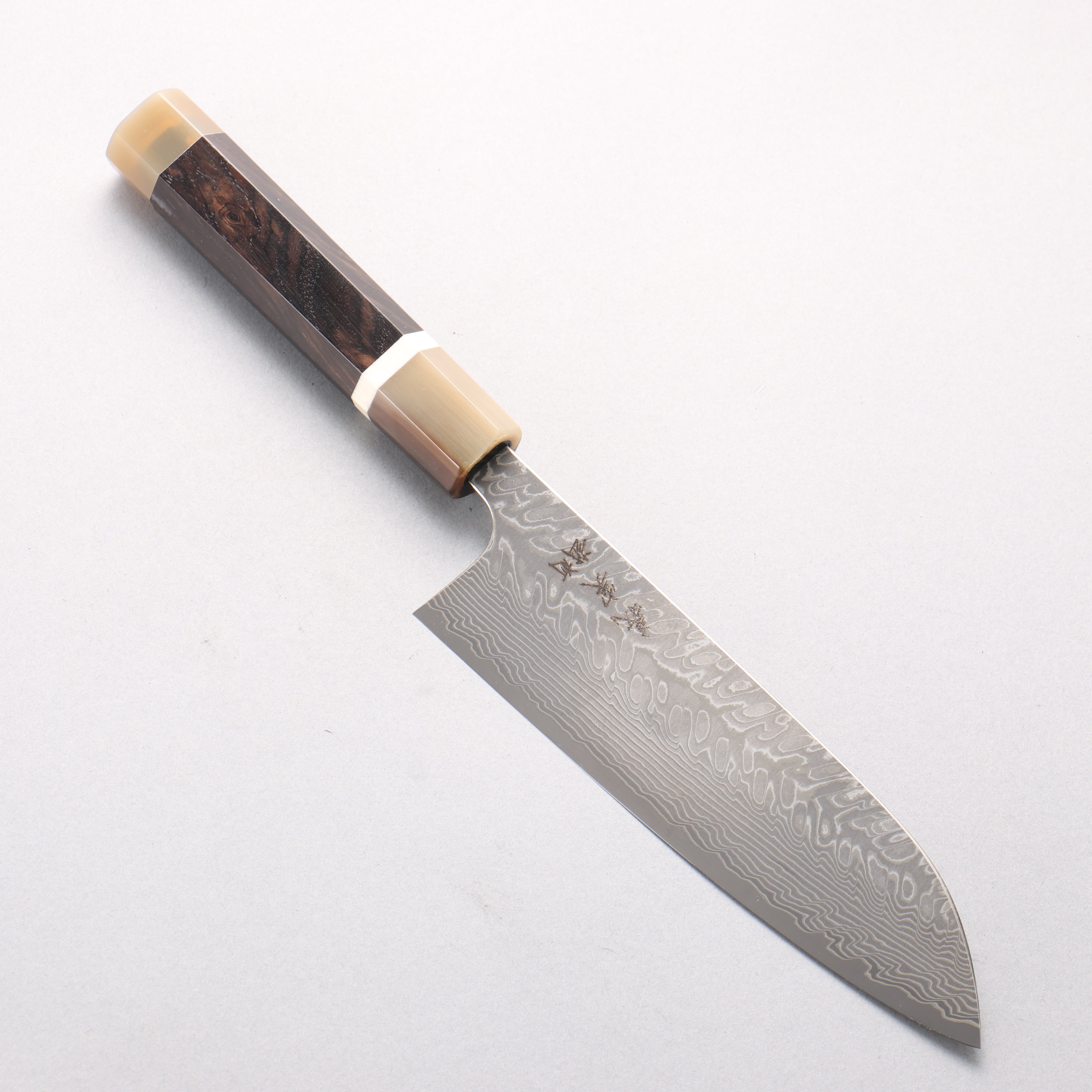 Yoshimi Kato SG2 Black Damascus Santoku 170mm African Rosewood (with Double White Buffalo Horn) Handle - Seisuke Knife