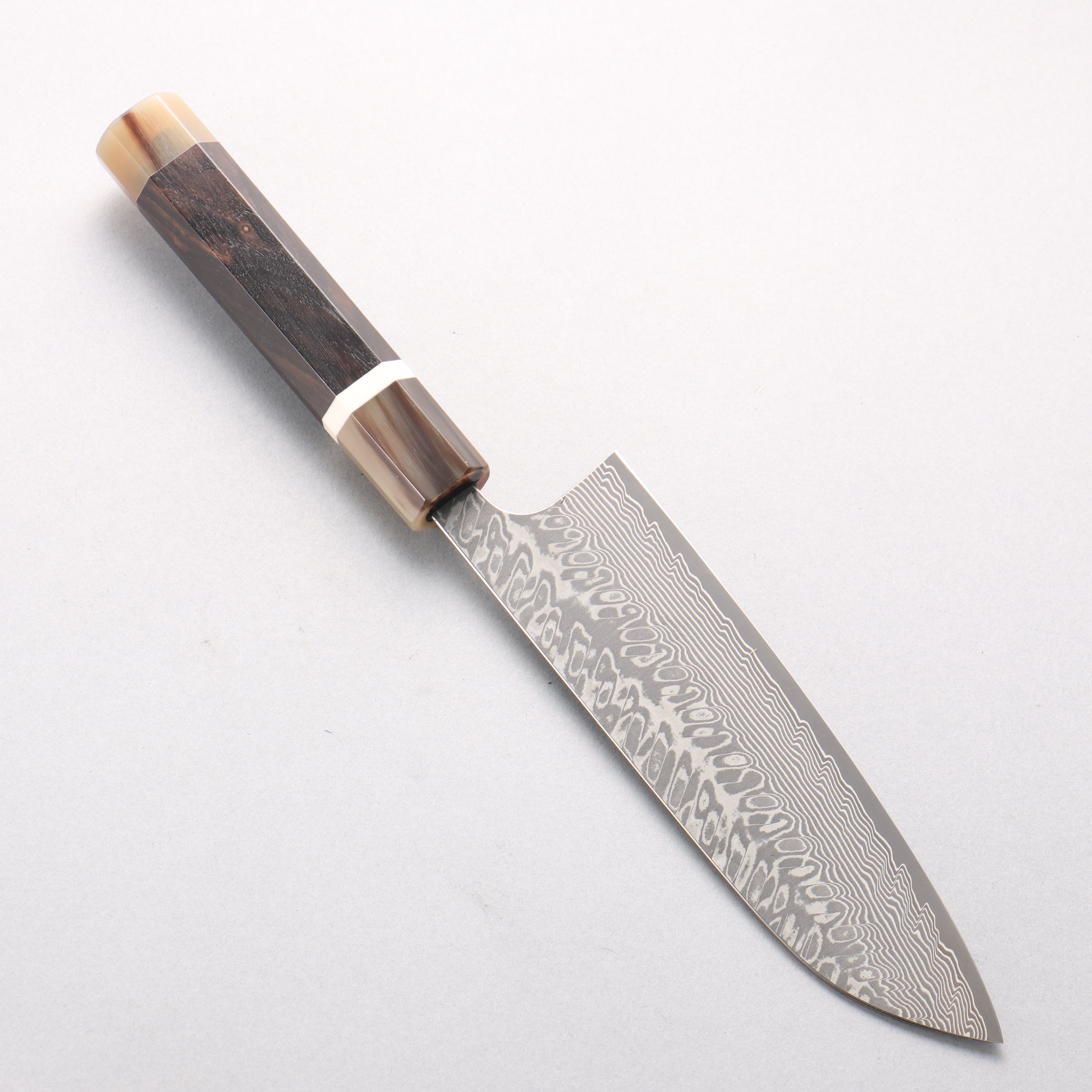 Yoshimi Kato SG2 Black Damascus Santoku 170mm African Rosewood (with Double White Buffalo Horn) Handle - Seisuke Knife