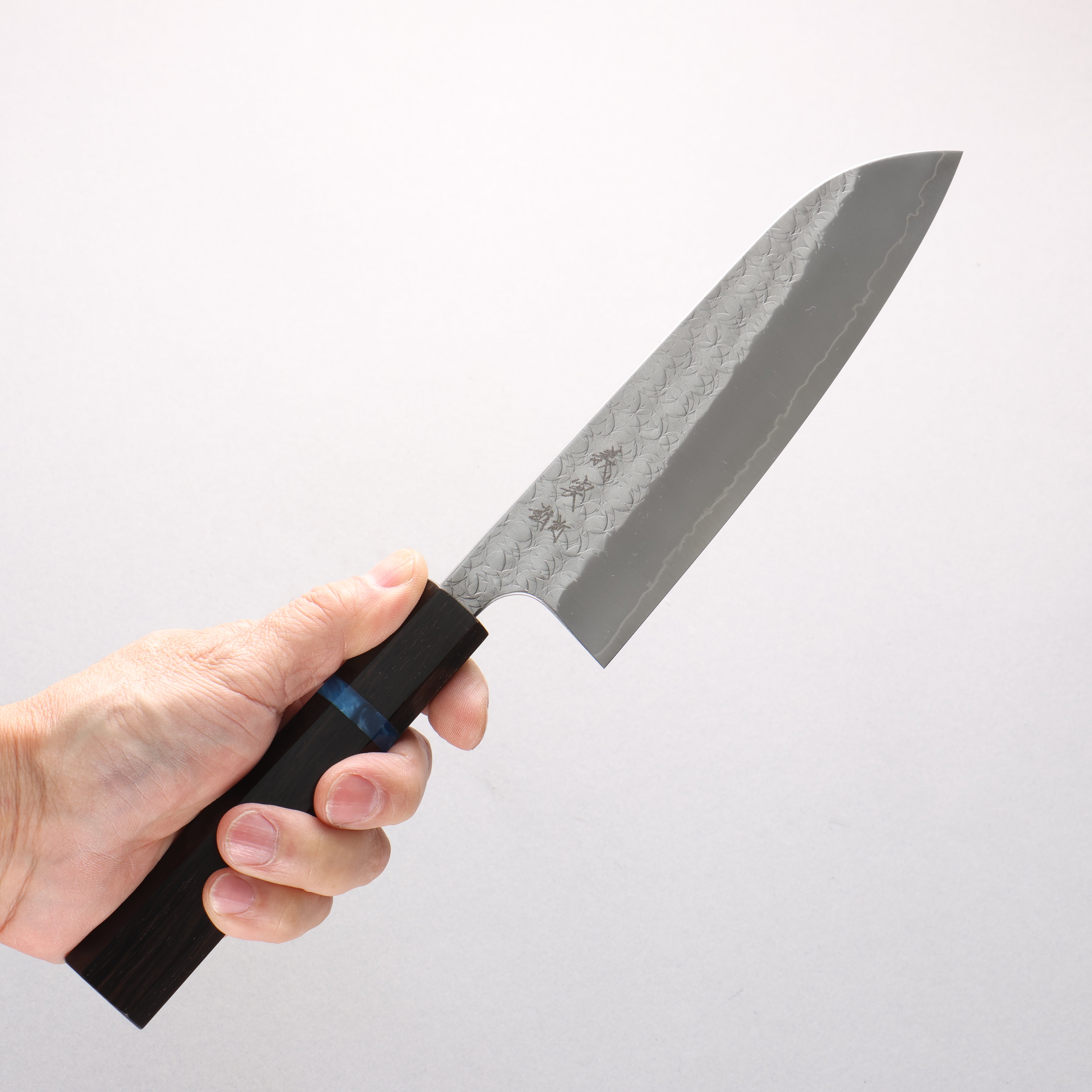 Yoshimi Kato Minamo SG2 Hammered Santoku 170mm Ebony (Blue Ring) Handle - Seisuke Knife