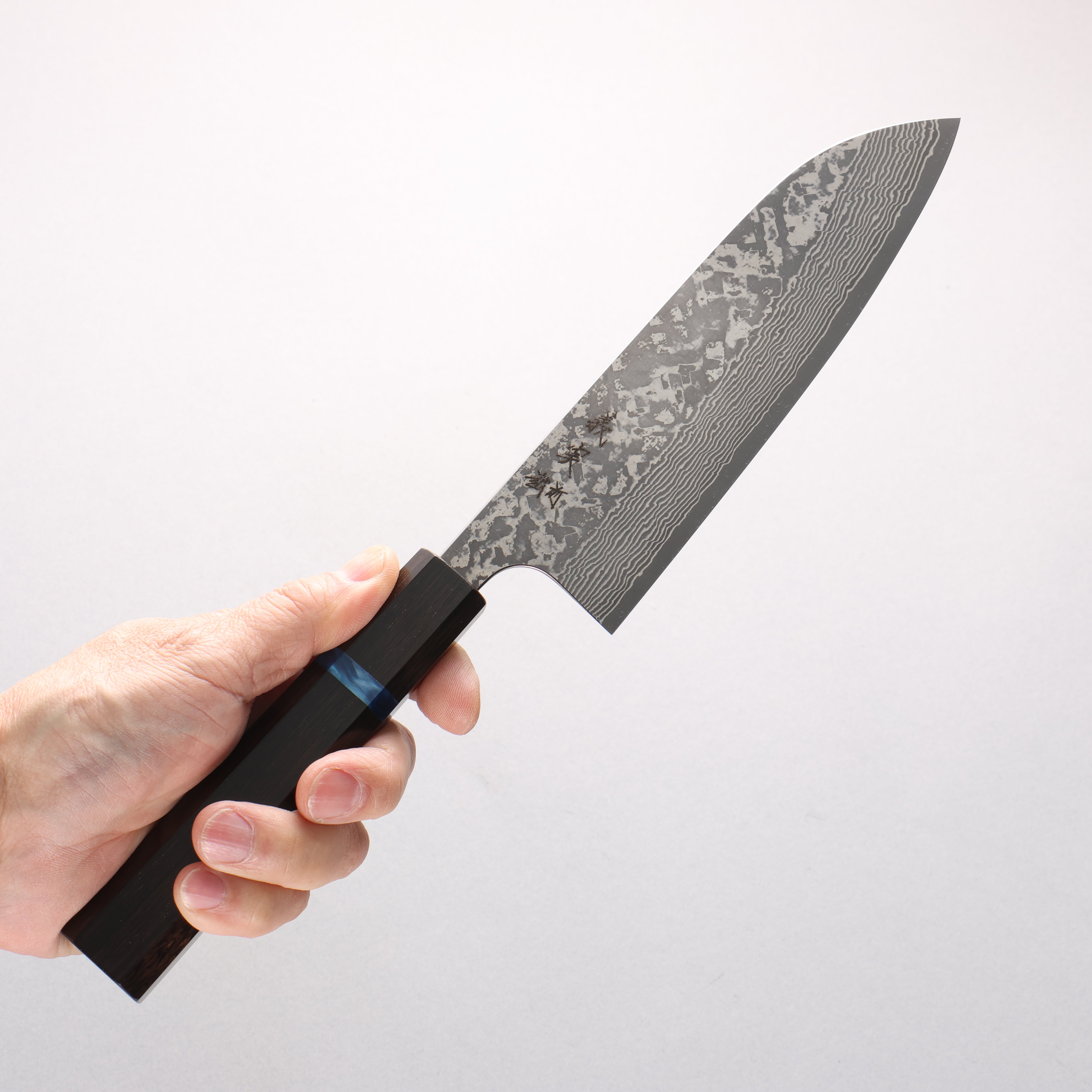 Yoshimi Kato VG10 Black Damascus Santoku 170mm Ebony (Blue Ring) Handle - Seisuke Knife