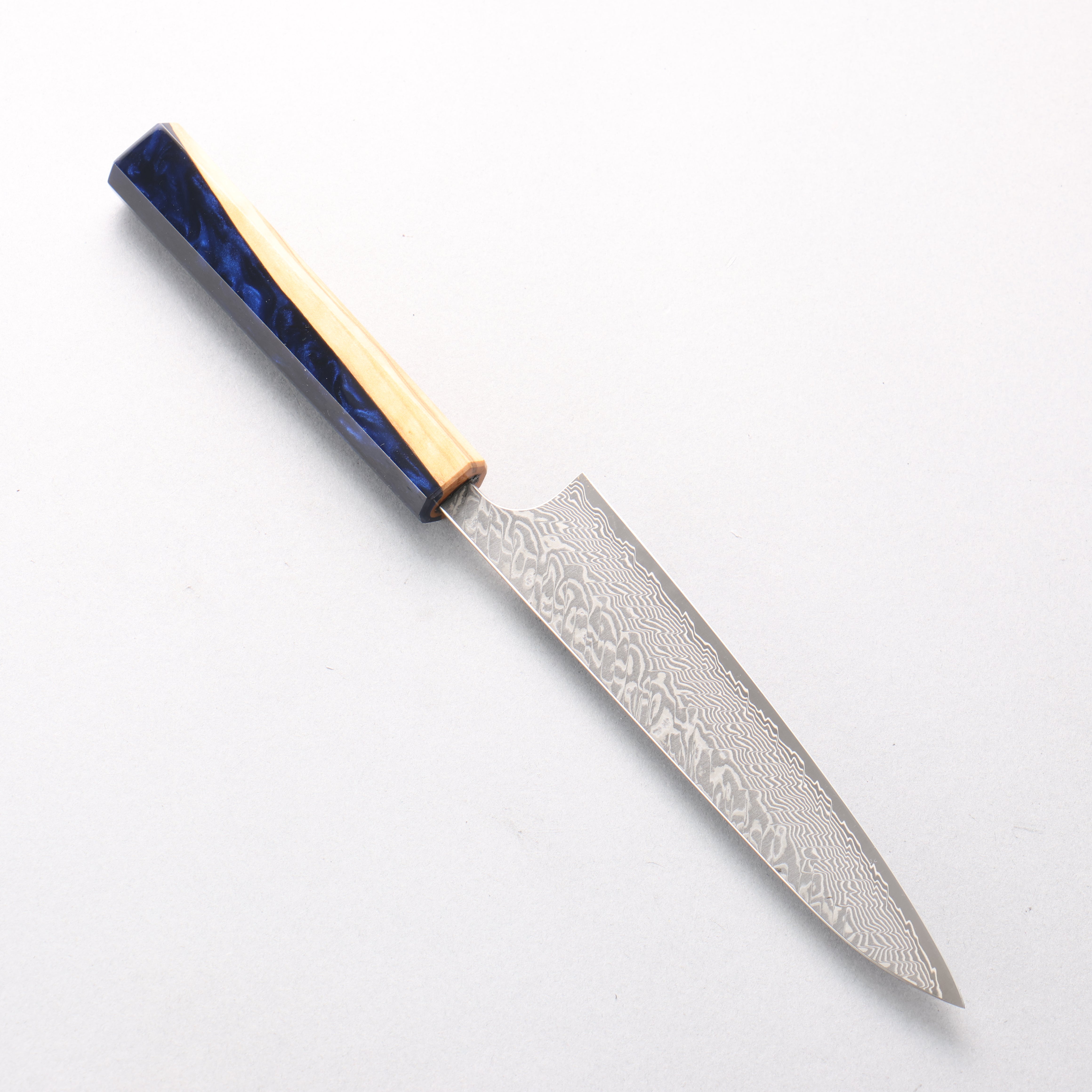 Yoshimi Kato SG2 Black Damascus Petty-Utility 150mm Olive Wood & Blue Resin Handle - Seisuke Knife