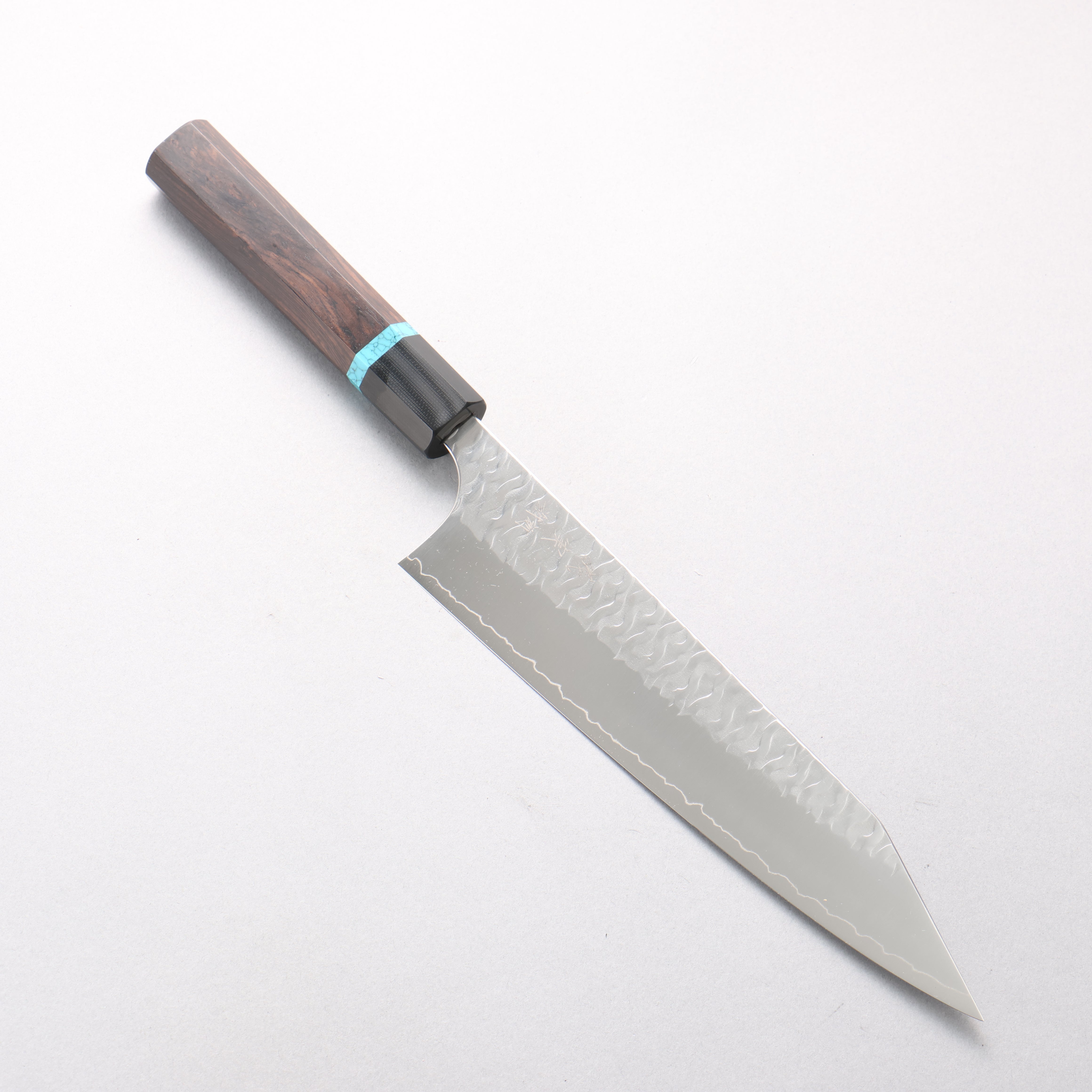 Yoshimi Kato Nami SPG STRIX Hammered Kiritsuke Gyuto 210mm African Rosewood with Blue Turquoise Ring (ferrule: G10) Handle - Seisuke Knife