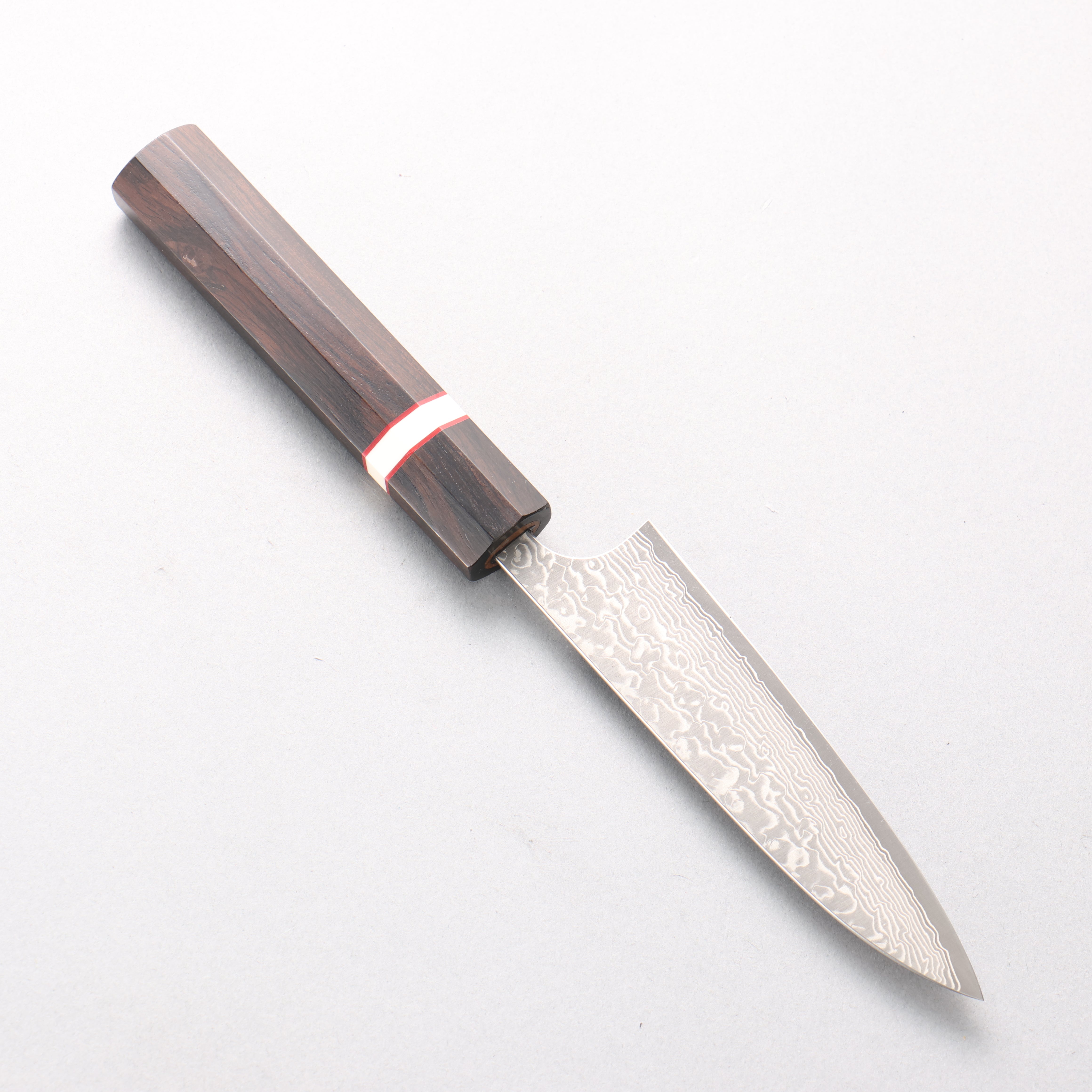 Yoshimi Kato VG10 Black Damascus Petty-Utility 120mm Ebony Wood & White Ring Handle - Seisuke Knife