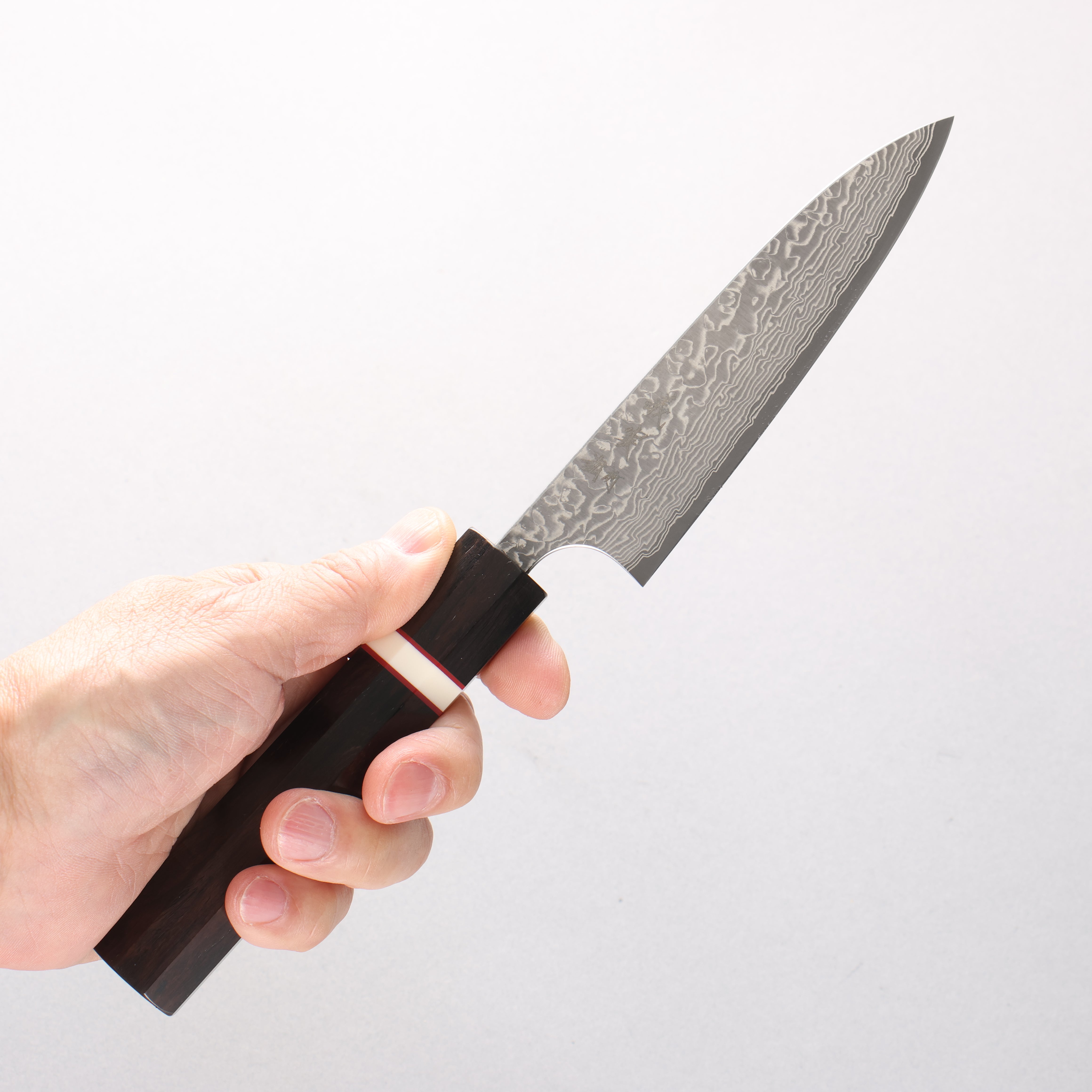Yoshimi Kato VG10 Black Damascus Petty-Utility 120mm Ebony Wood & White Ring Handle - Seisuke Knife