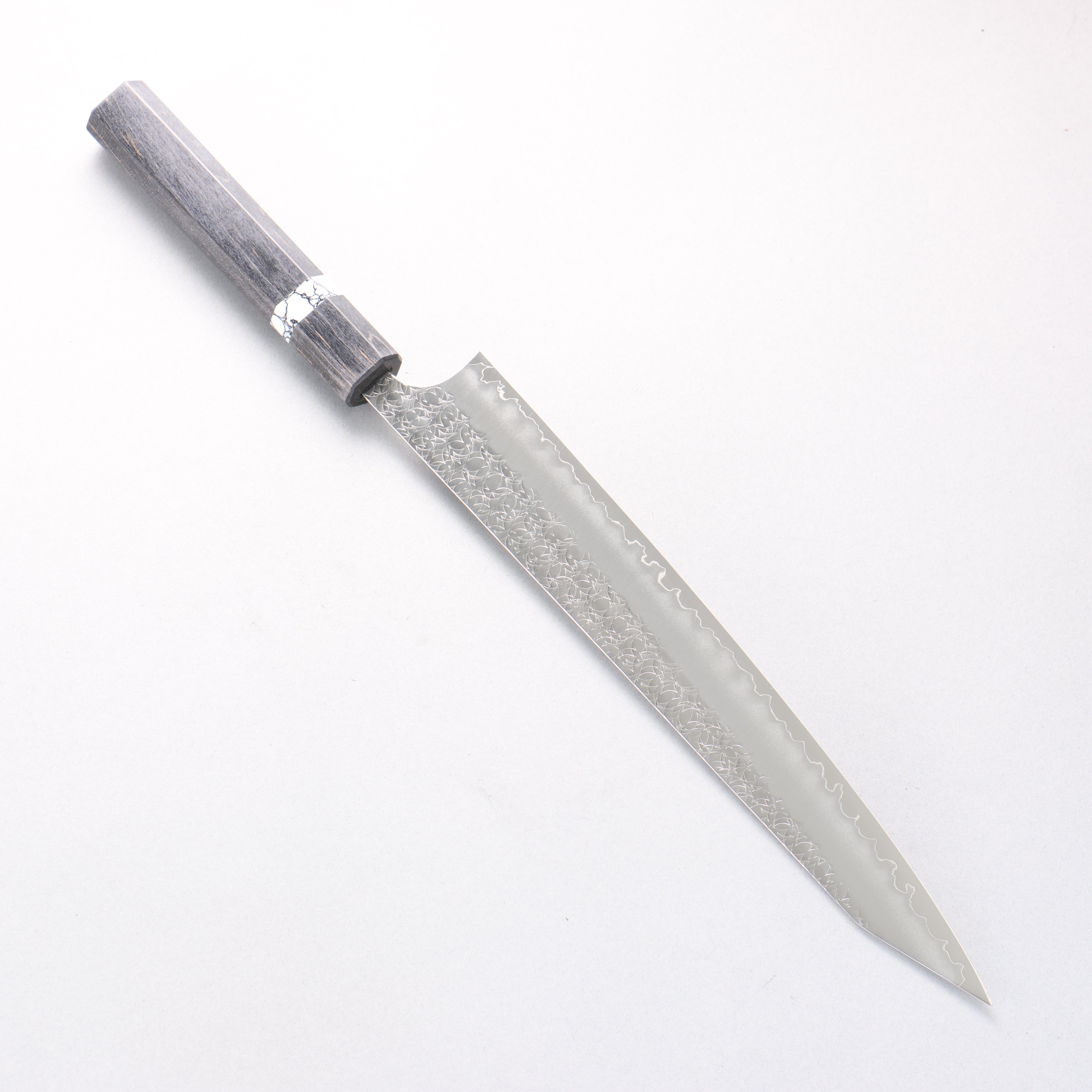 Yoshimi Kato Minamo SG2 Hammered Kiritsuke Sujihiki 270mm Black Stabilized Wood & White Turquoise Ring Handle - Seisuke Knife