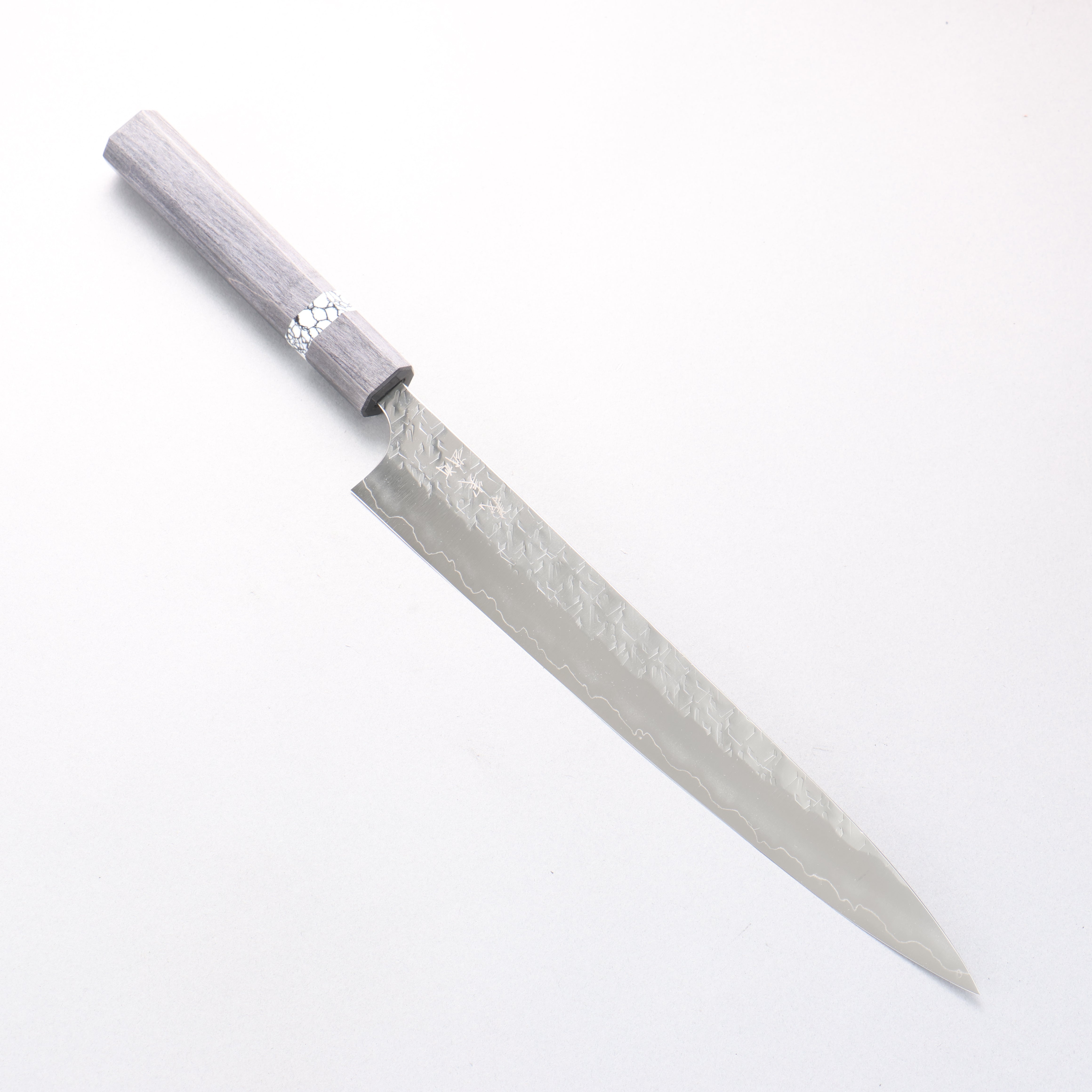Yoshimi Kato Hyo SG2 Hammered Sujihiki 270mm Black Stabilized Wood & White Turquoise Handle - Seisuke Knife