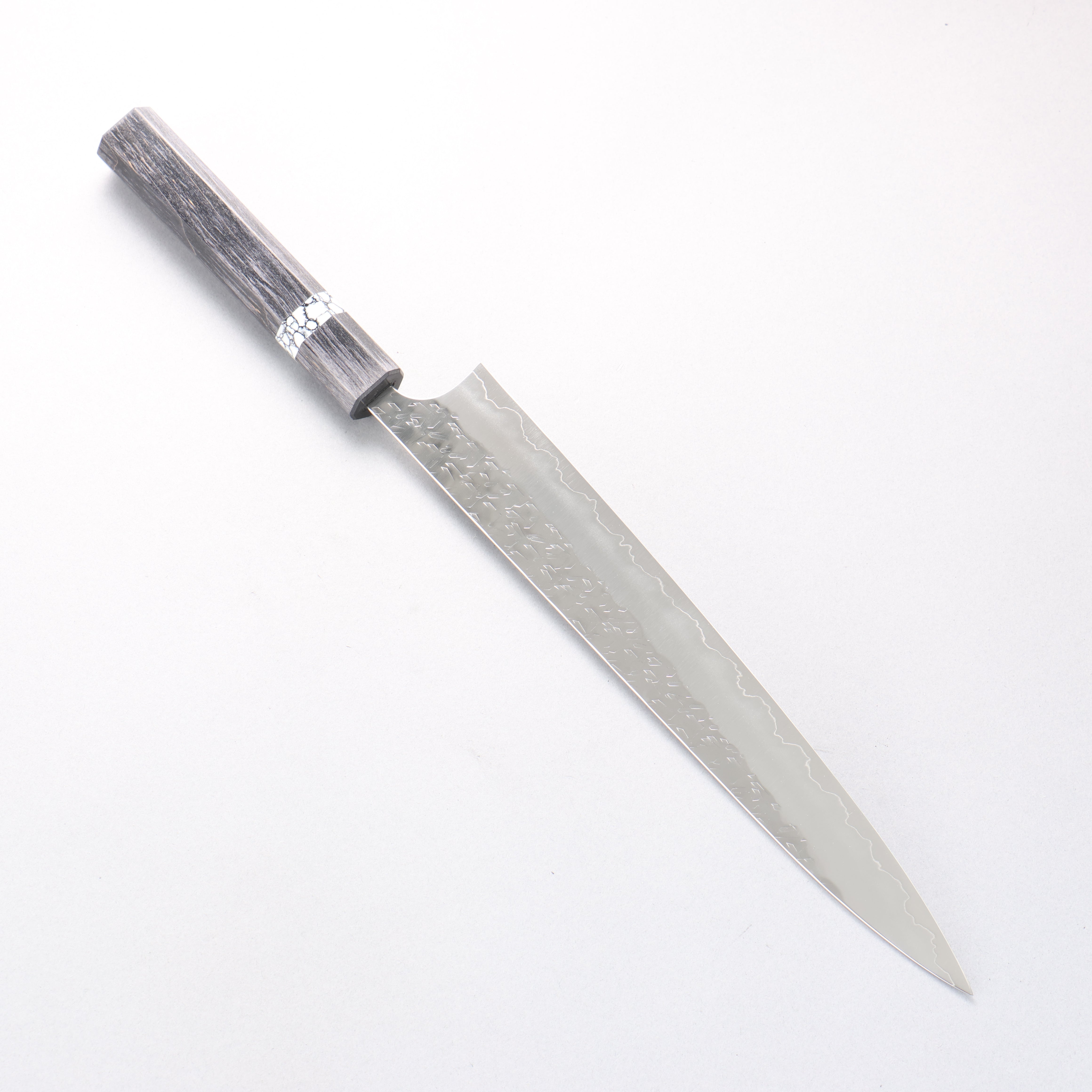 Yoshimi Kato Hyo SG2 Hammered Sujihiki 270mm Black Stabilized Wood & White Turquoise Handle - Seisuke Knife