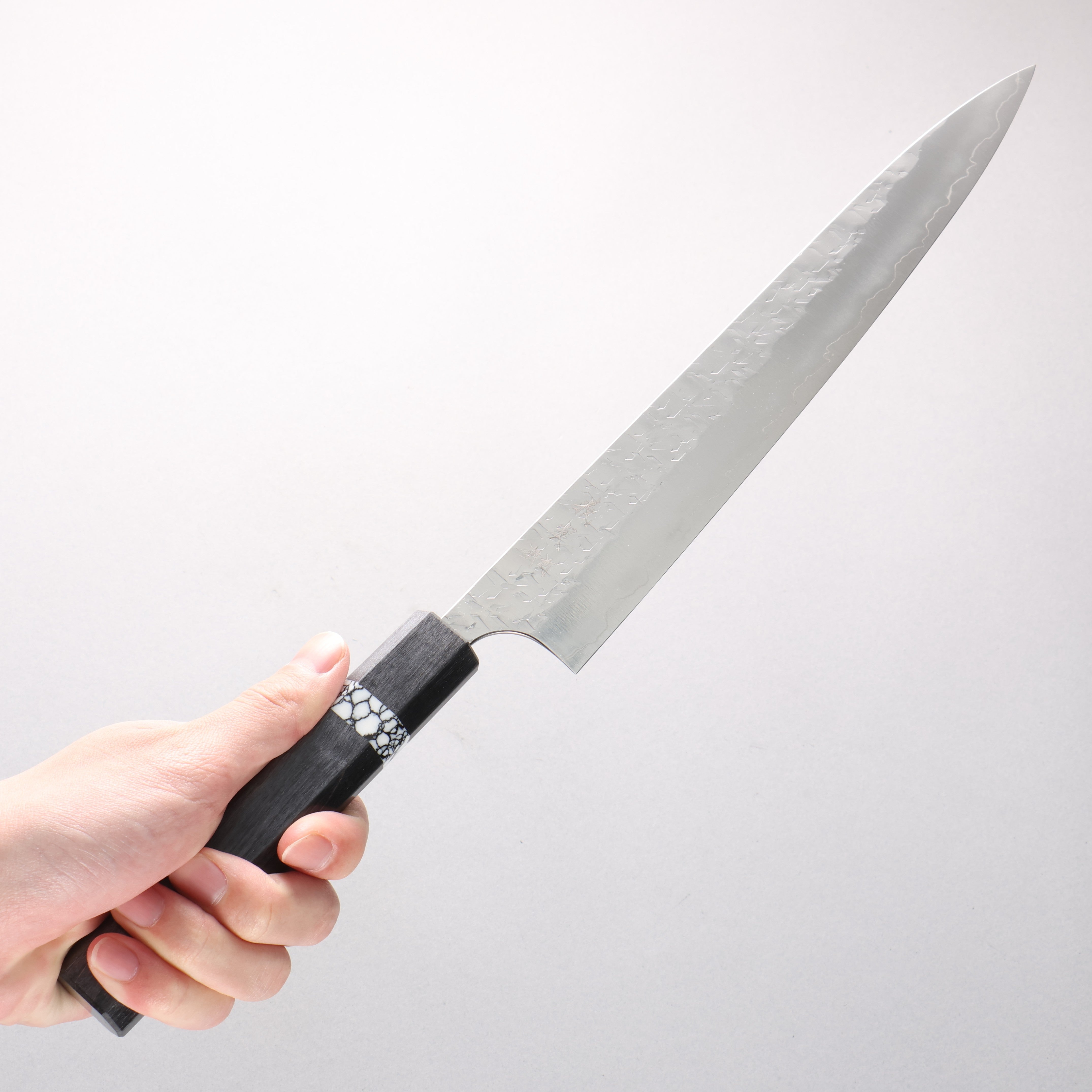 Yoshimi Kato Hyo SG2 Hammered Sujihiki 270mm Black Stabilized Wood & White Turquoise Handle - Seisuke Knife