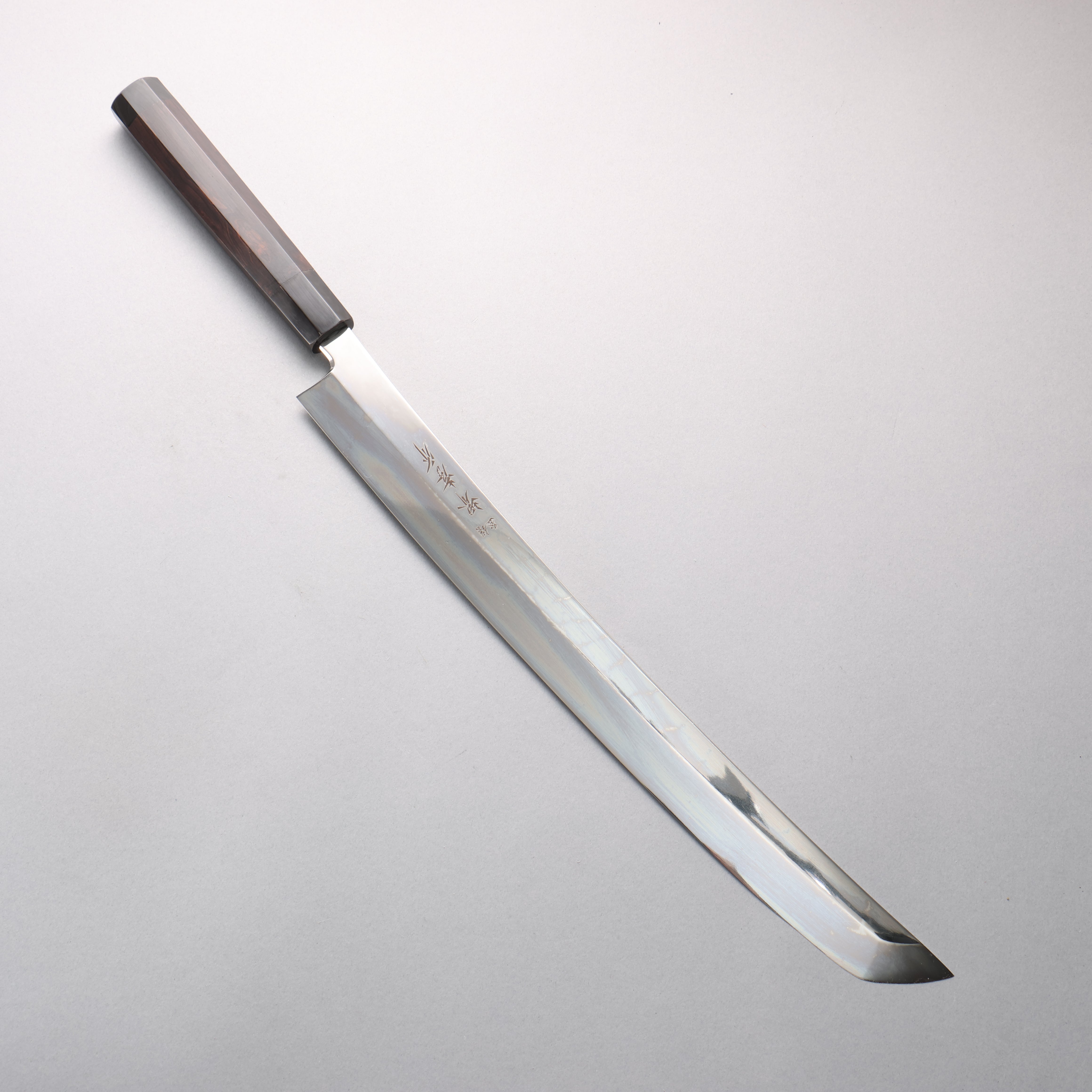 Sakai Takayuki Honyaki Silver Steel No.3 Mirrored Finish Sakimaru Yanagiba 390mm Ebony Wood (With Double Black Water Buffalo Horn) Handle with Sheath