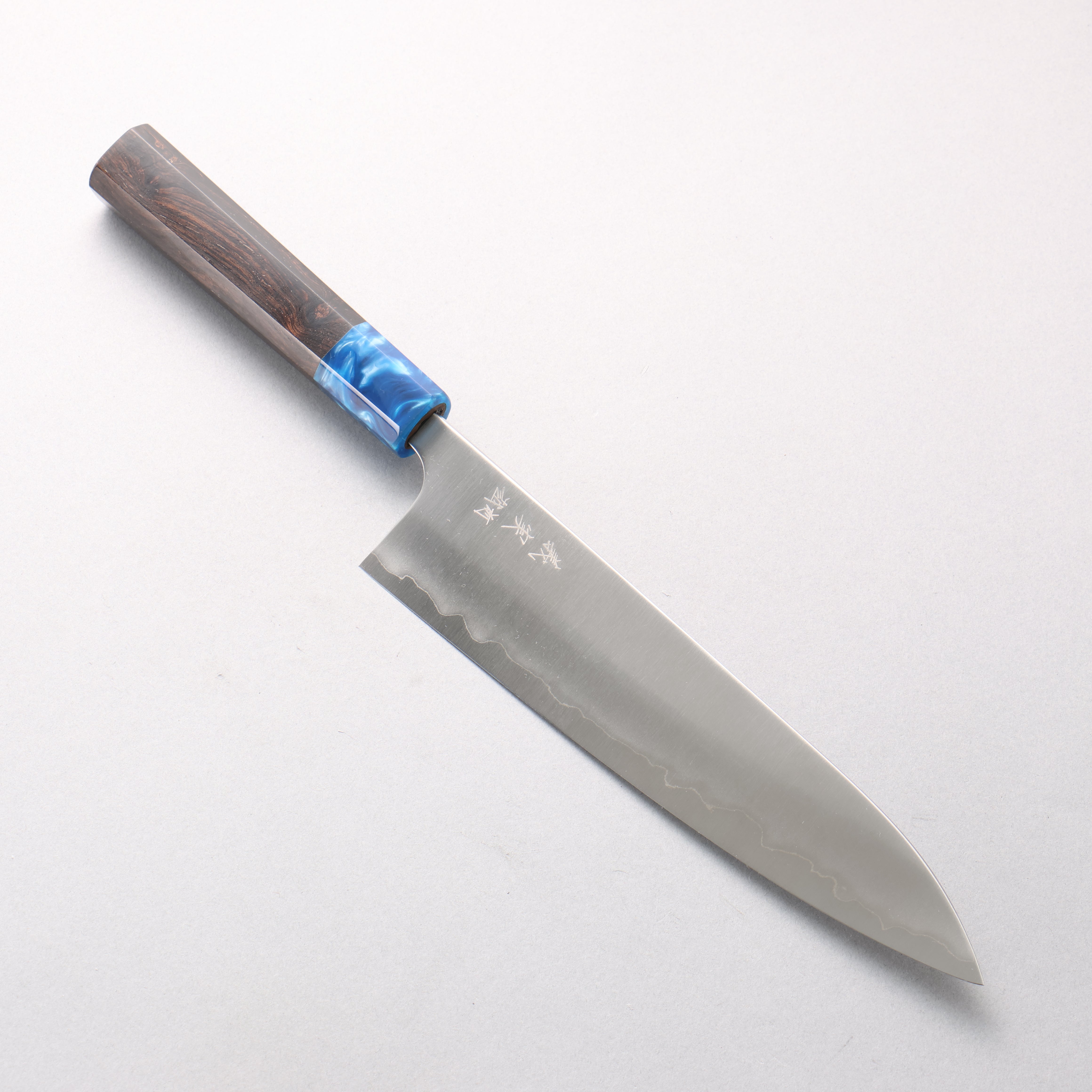 Yoshimi Kato White Steel Migaki Finished Gyuto 210mm Ebony (ferrule: Blue Marble Resin) Handle