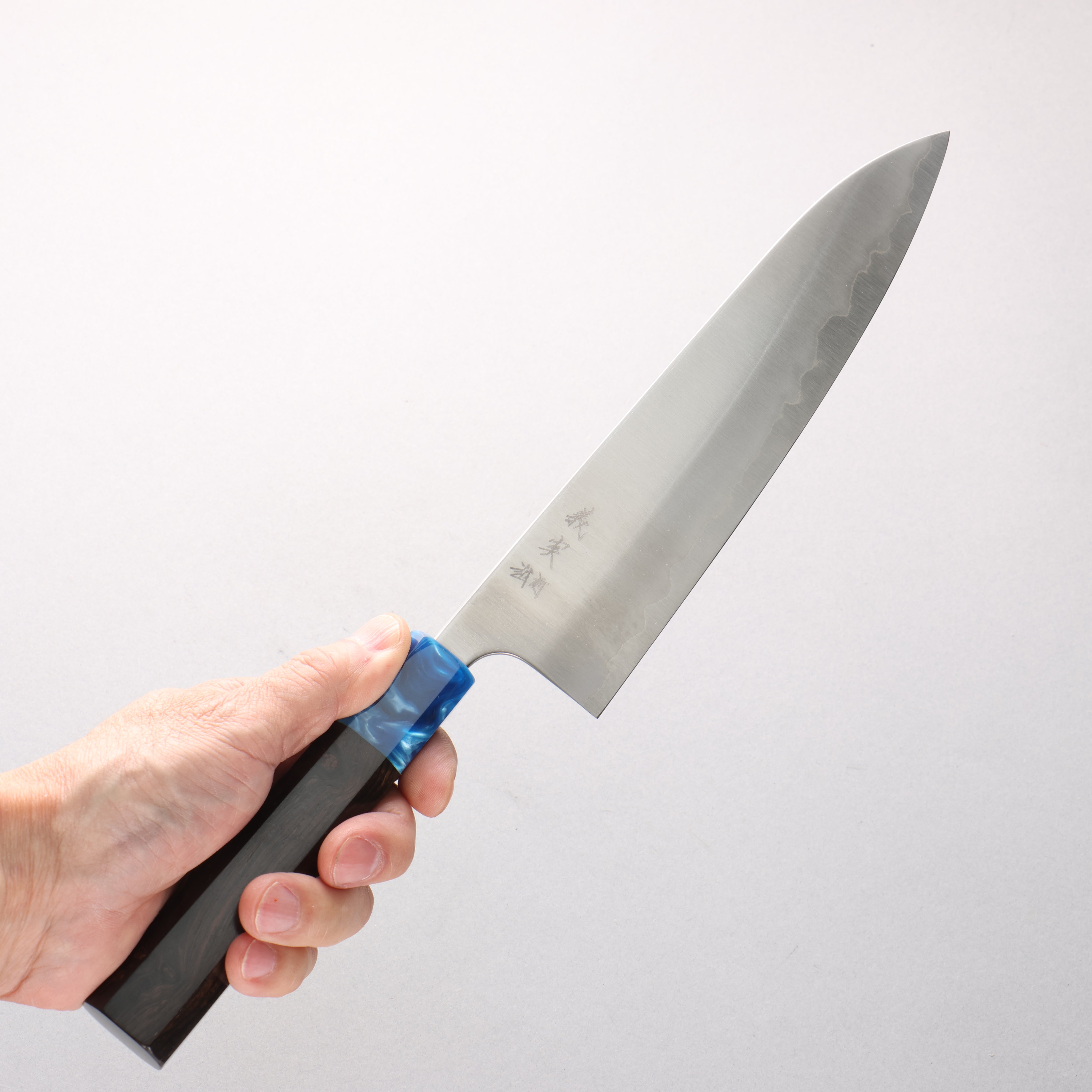Yoshimi Kato White Steel Migaki Finished Gyuto 210mm Ebony (ferrule: Blue Marble Resin) Handle