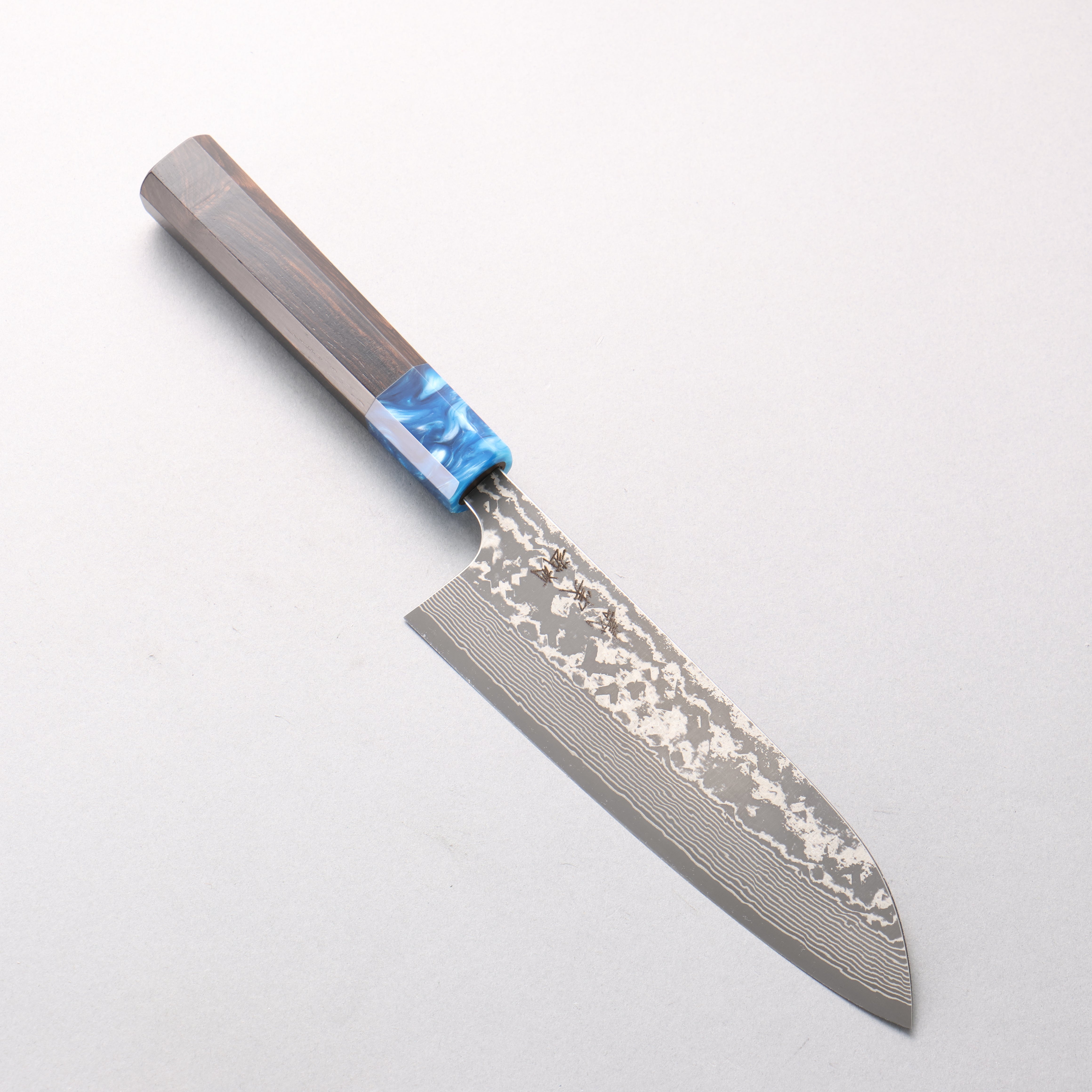 Yoshimi Kato VG10 Black Damascus Santoku 170mm Ebony (ferrule: Blue Marble Resin) Handle