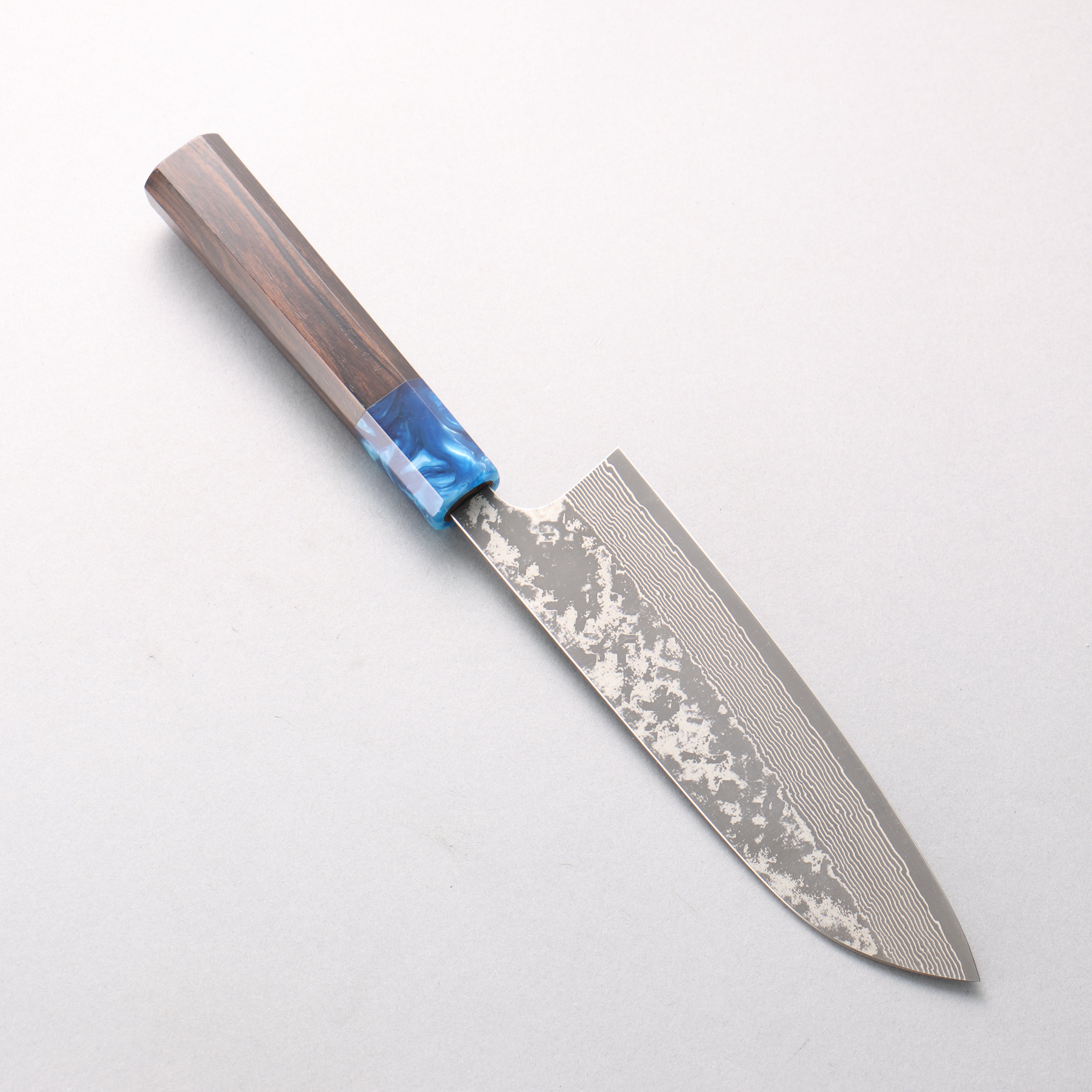 Yoshimi Kato VG10 Black Damascus Santoku 170mm Ebony (ferrule: Blue Marble Resin) Handle