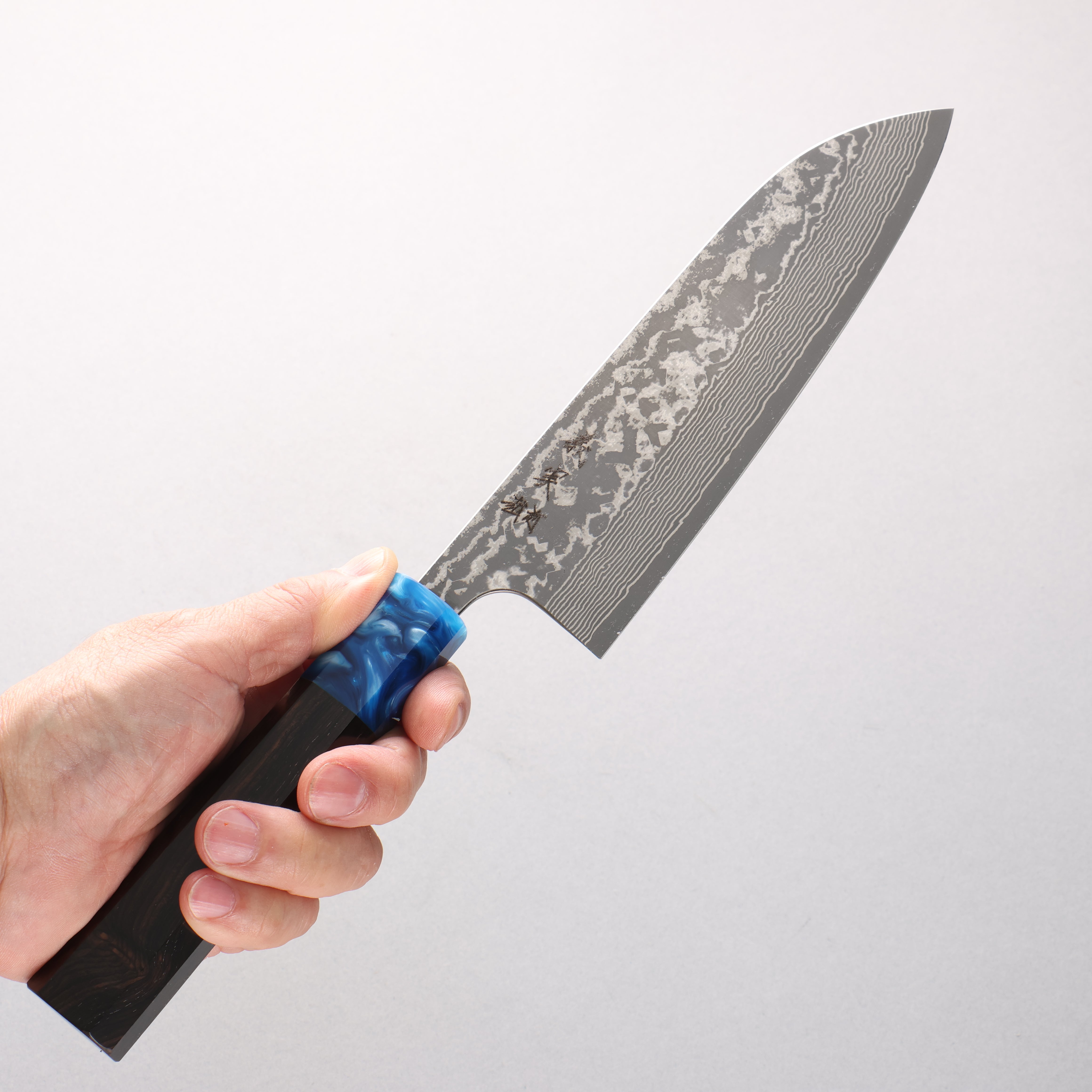 Yoshimi Kato VG10 Black Damascus Santoku 170mm Ebony (ferrule: Blue Marble Resin) Handle