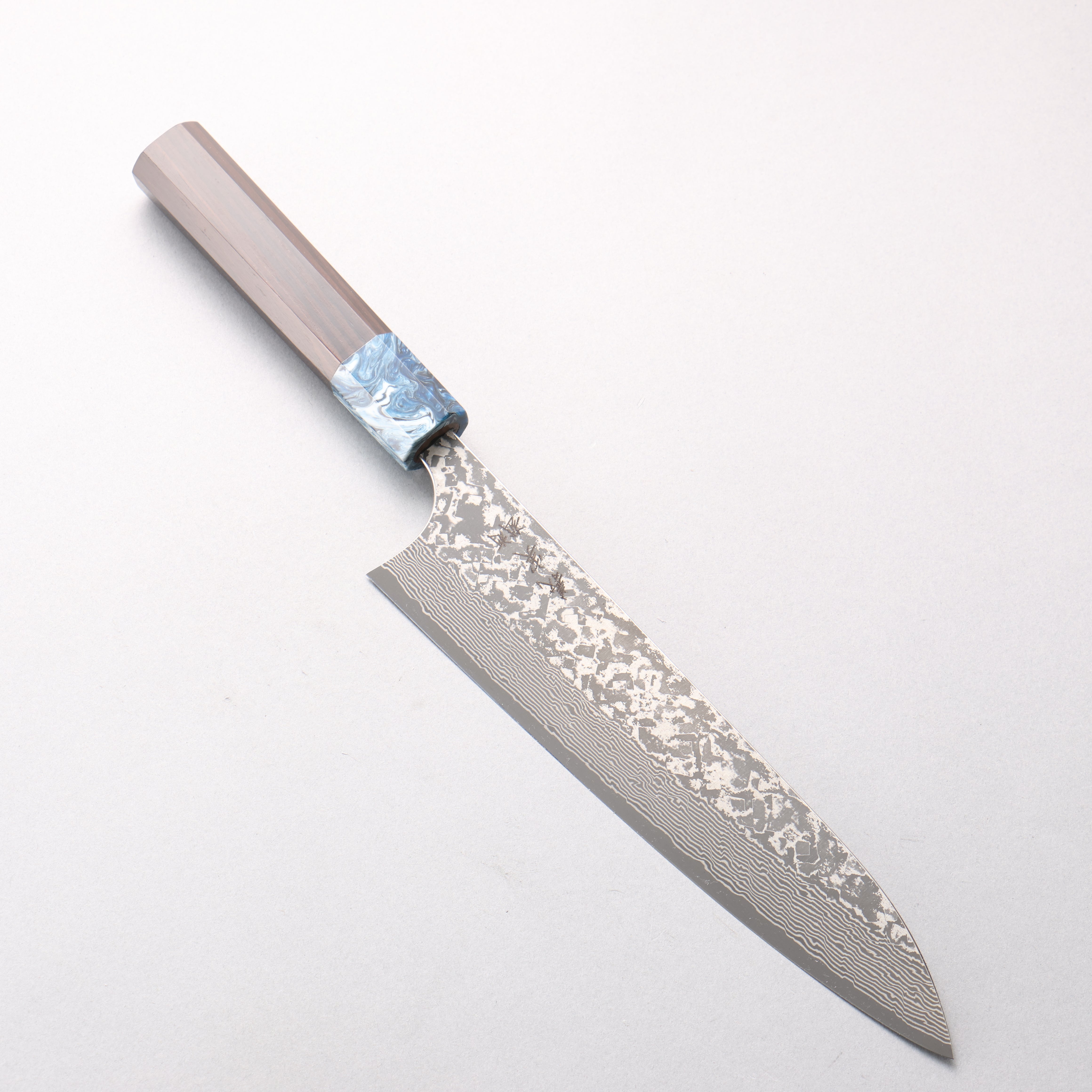 Yoshimi Kato VG10 Black Damascus Gyuto 210mm Ebony (ferrule: Blue Marble Resin) Handle