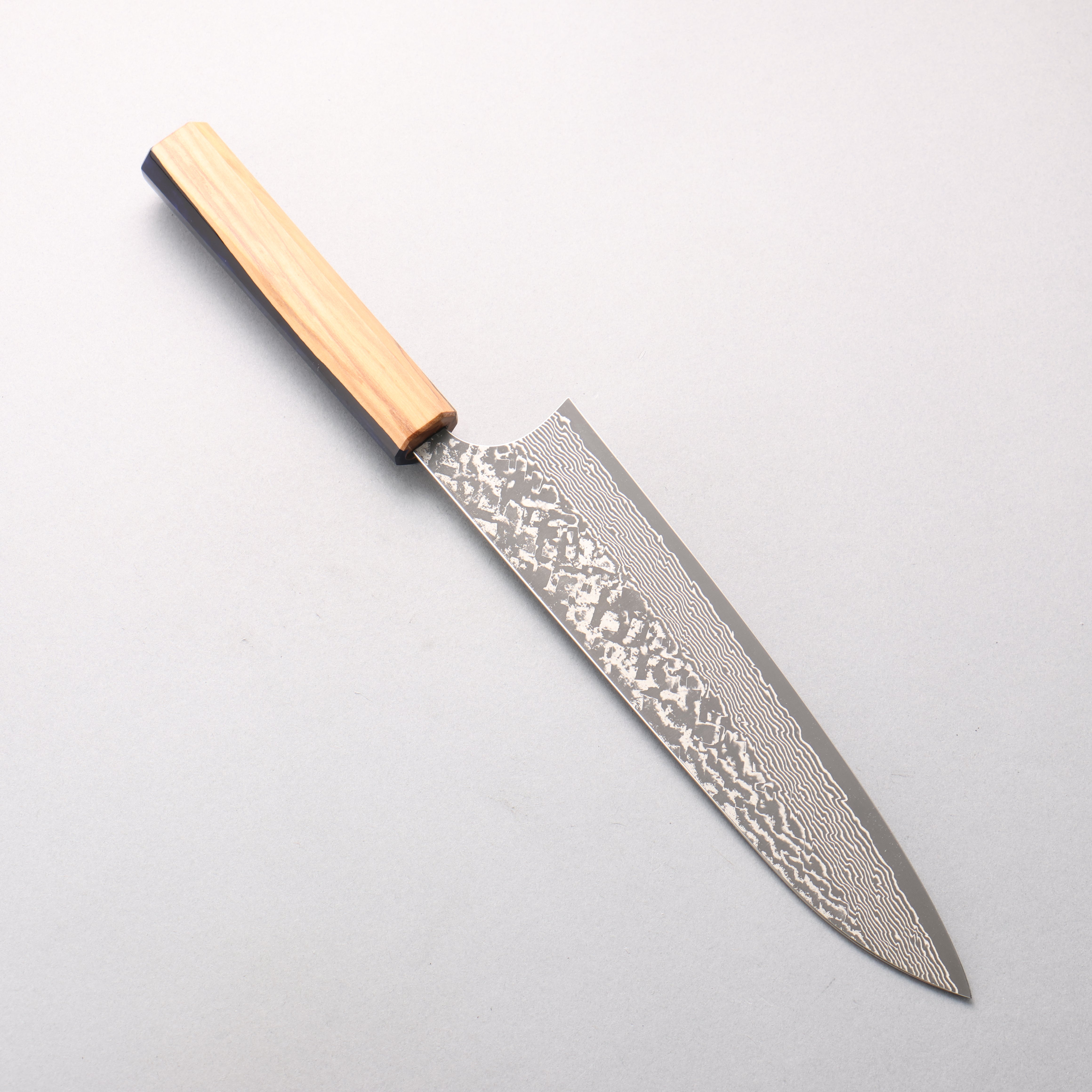 Yoshimi Kato VG10 Black Damascus Gyuto 210mm Olive Tree and Blue Resin Handle