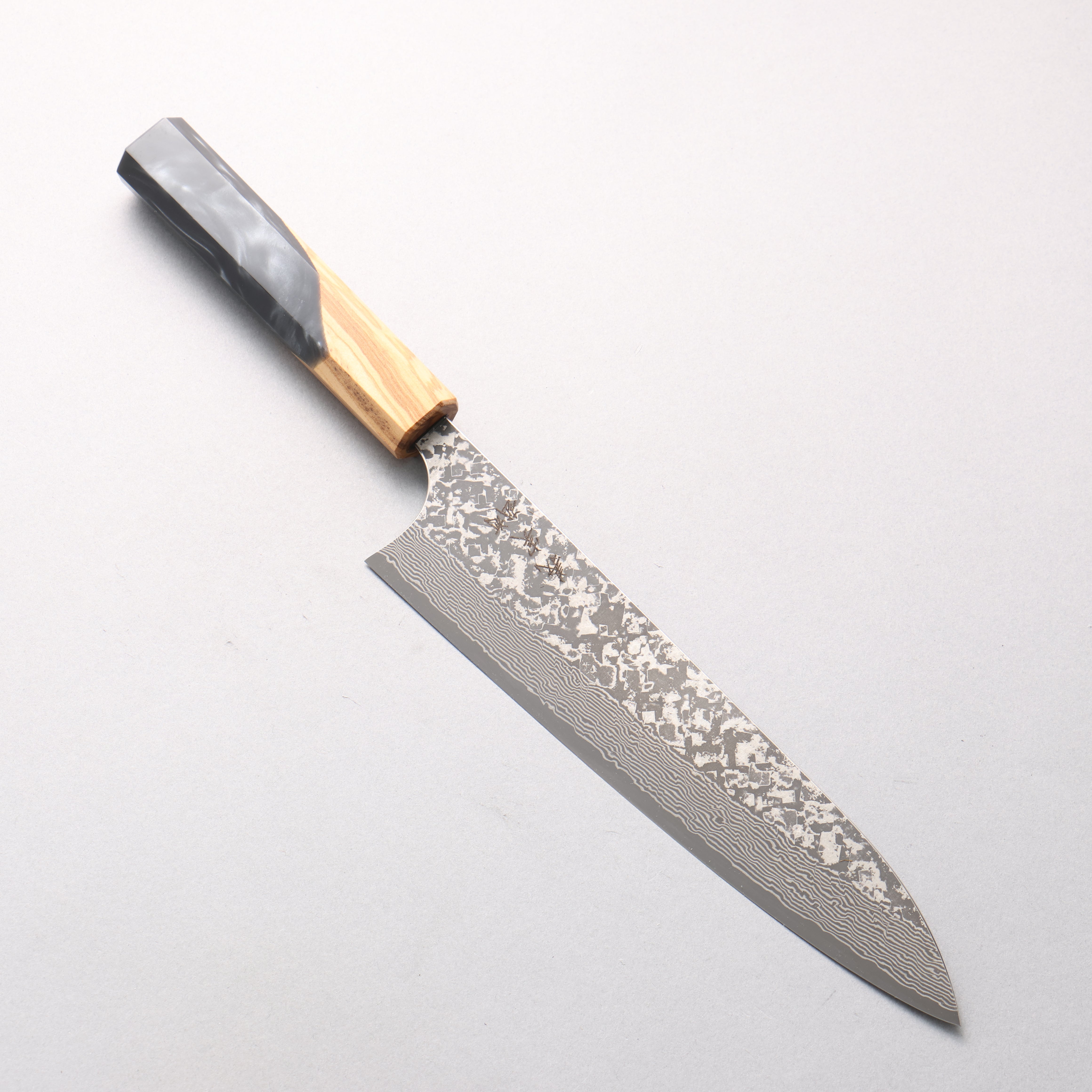 Yoshimi Kato VG10 Black Damascus Gyuto 210mm Olive Tree and Black/White Marble Resin Handle