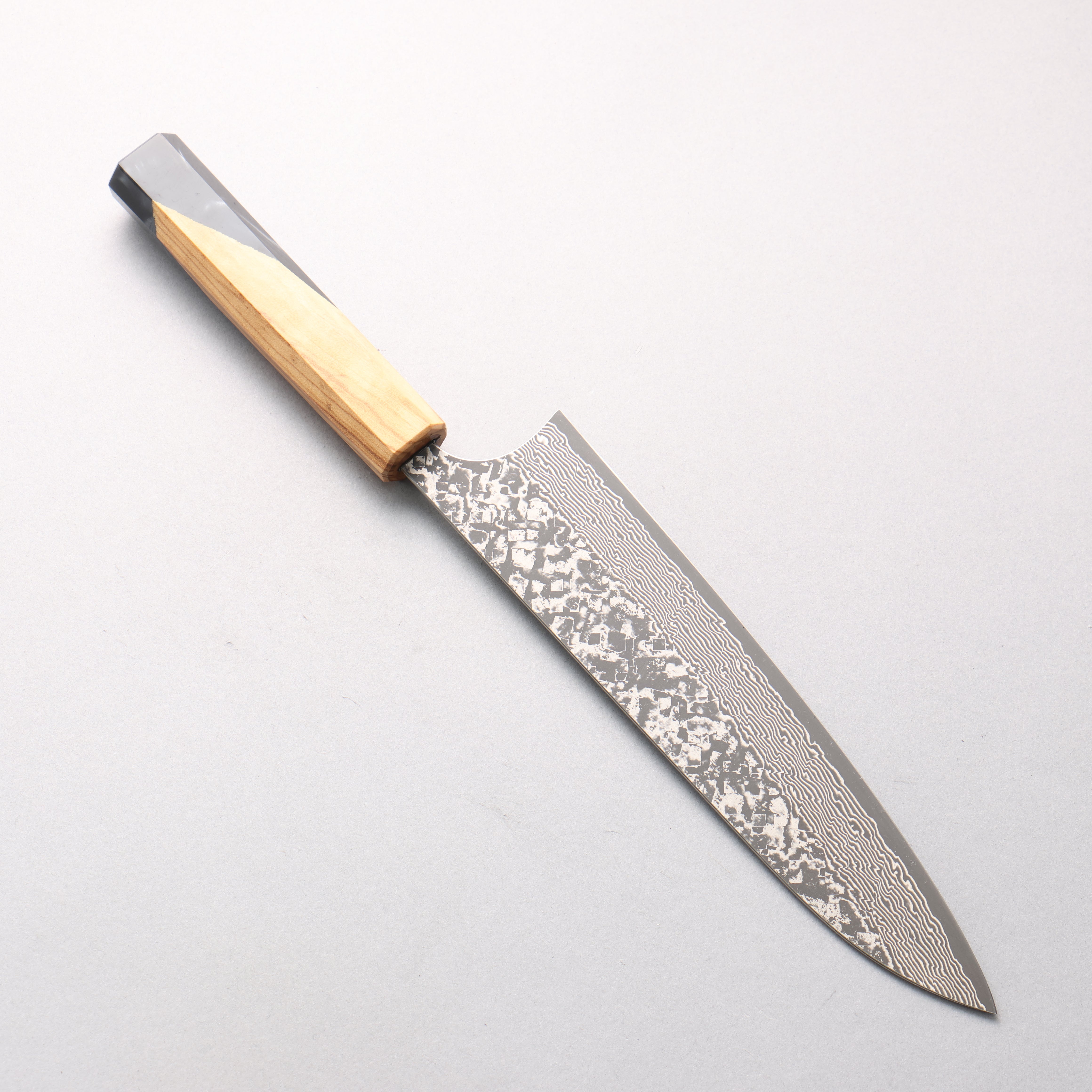Yoshimi Kato VG10 Black Damascus Gyuto 210mm Olive Tree and Black/White Marble Resin Handle