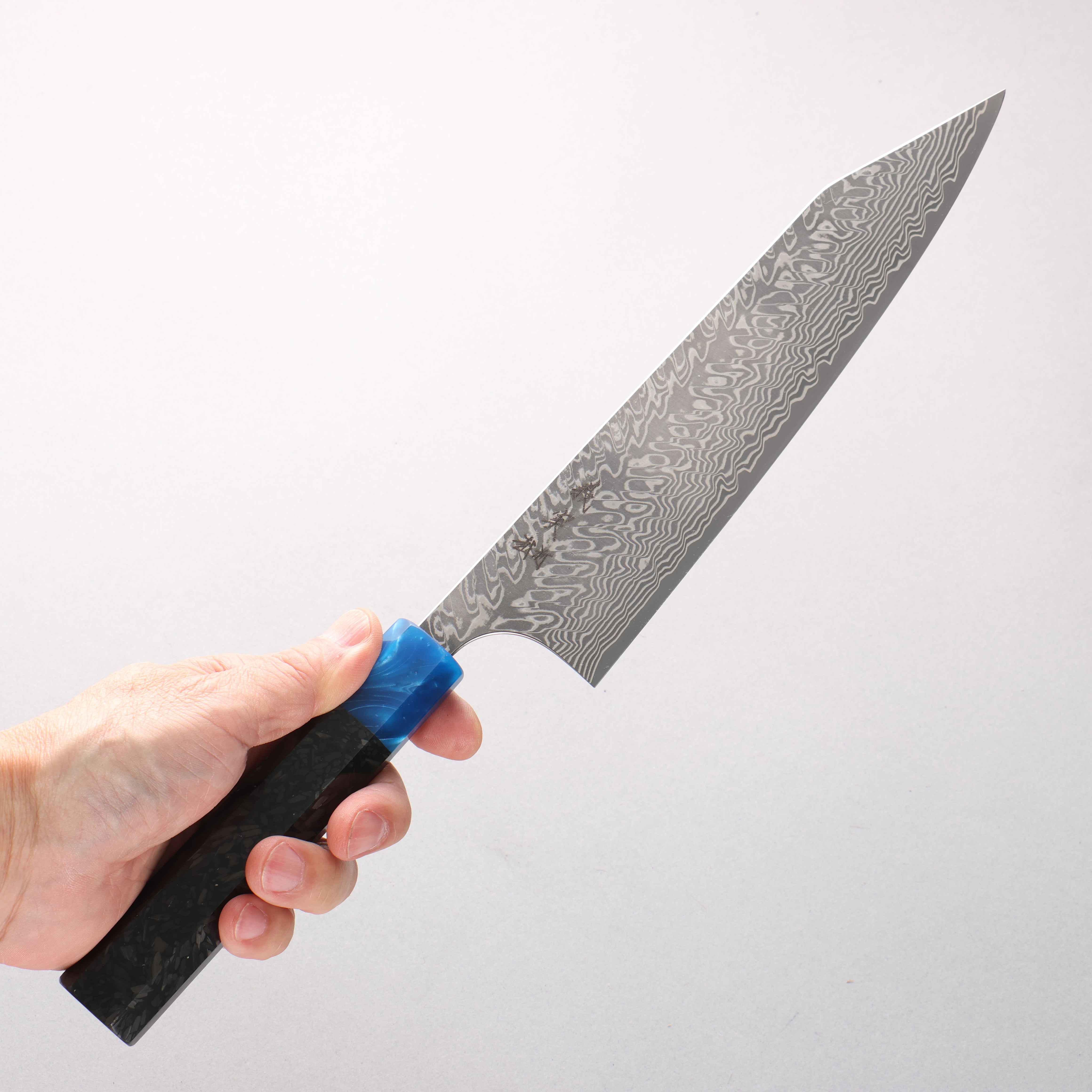 Yoshimi Kato SG2 Black Damascus Kiritsuke Gyuto 210mm Carbon Fiber (ferrule: Blue Marble Resin) Handle