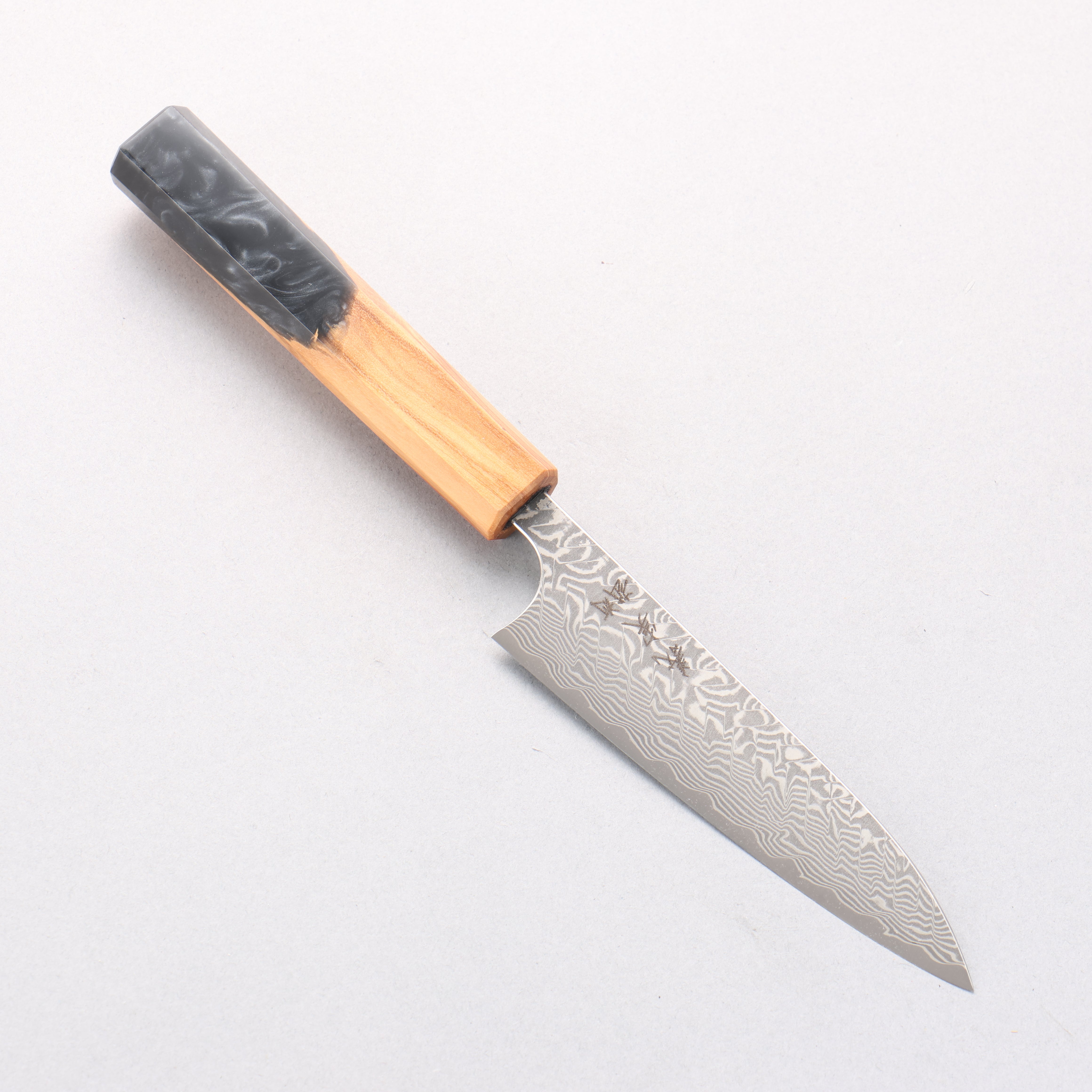 Yoshimi Kato SG2 Black Damascus Petty-Utility 120mm Olive Tree and Black/White Marble Resin Handle - Seisuke Knife