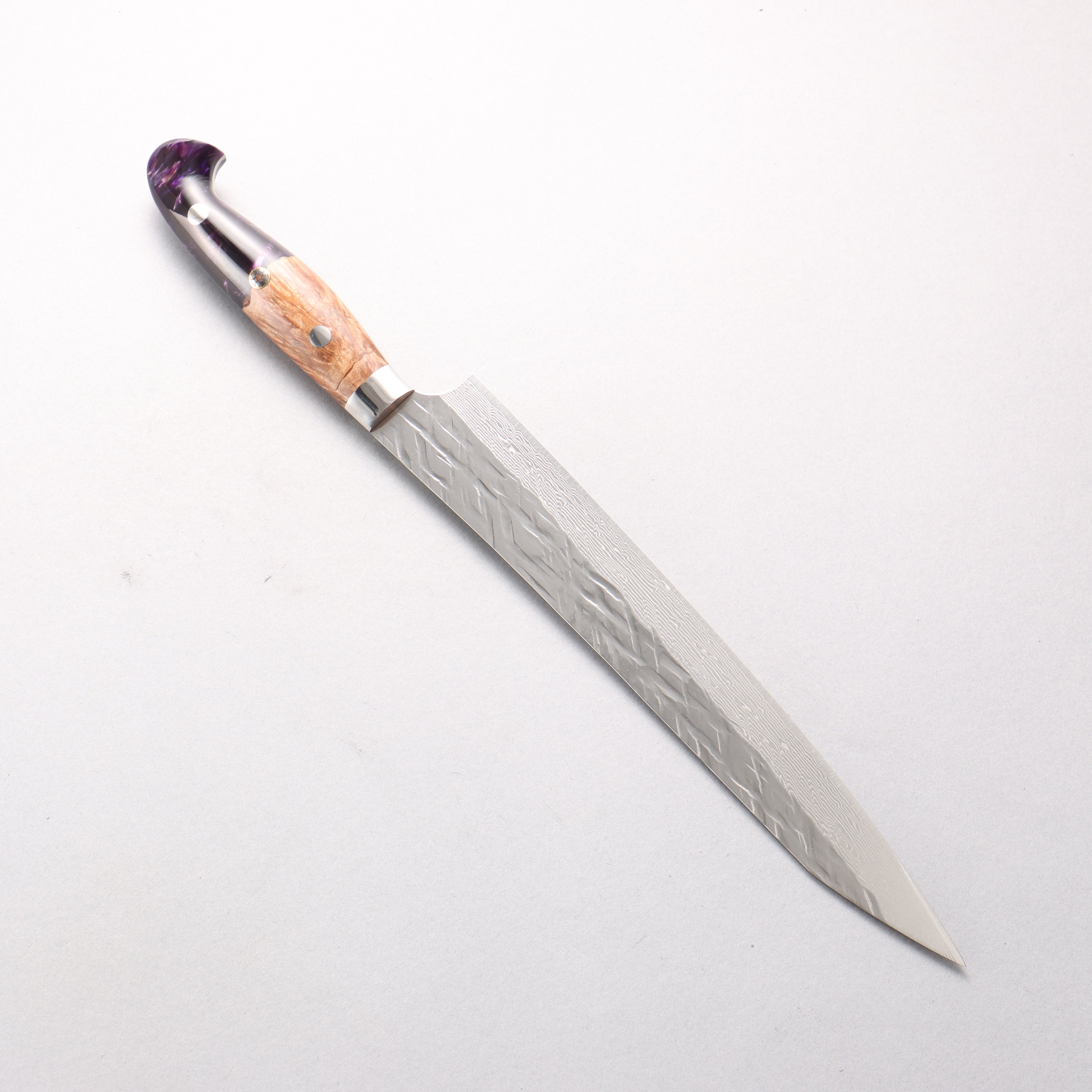 Yu Kurosaki Raijin V-Toku2 Hammered Damascus Sujihiki 240mm Olive Tree and Purple Resin Handle