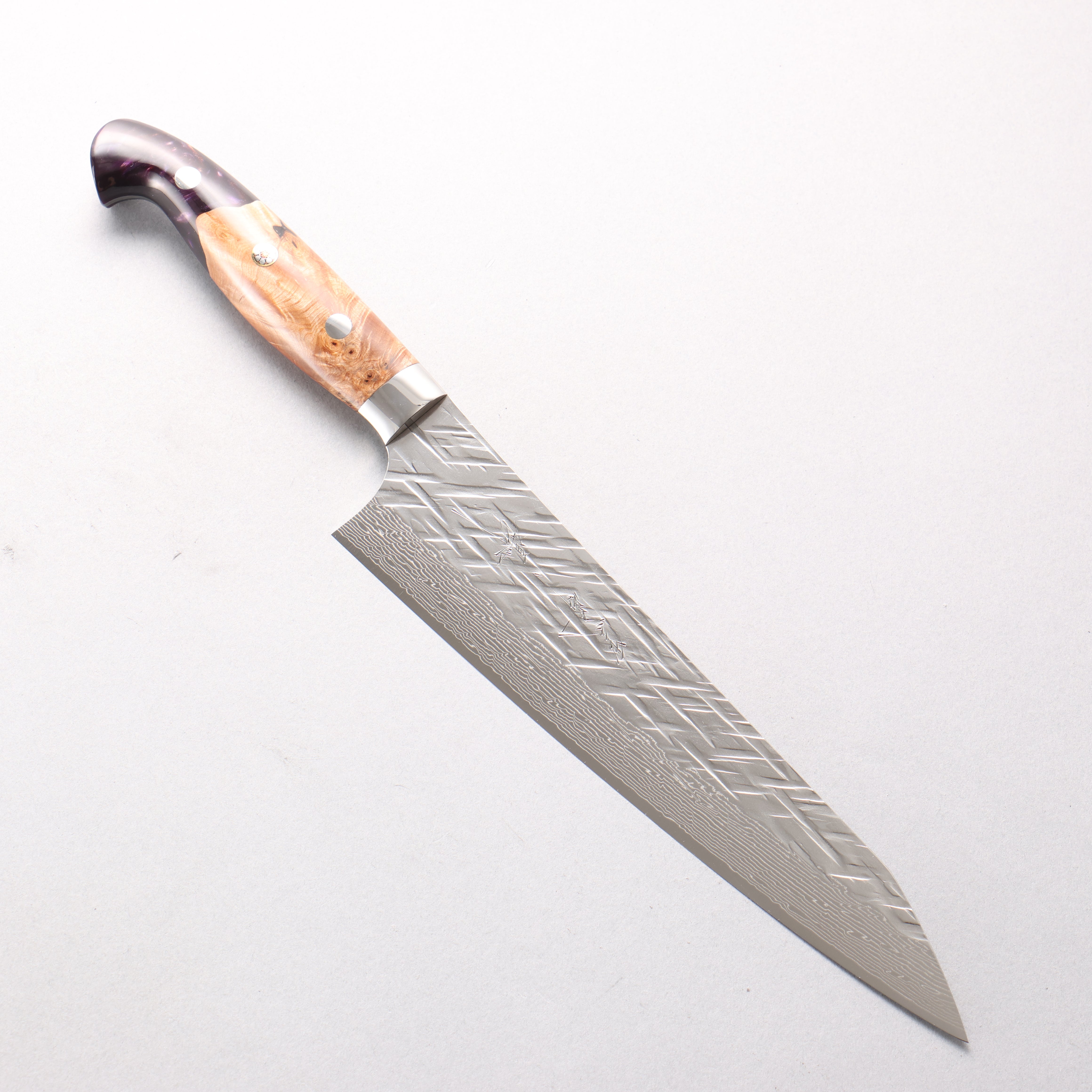 Yu Kurosaki Raijin V-Toku2 Hammered Damascus Gyuto 210mm Olive Tree and Purple Resin Handle