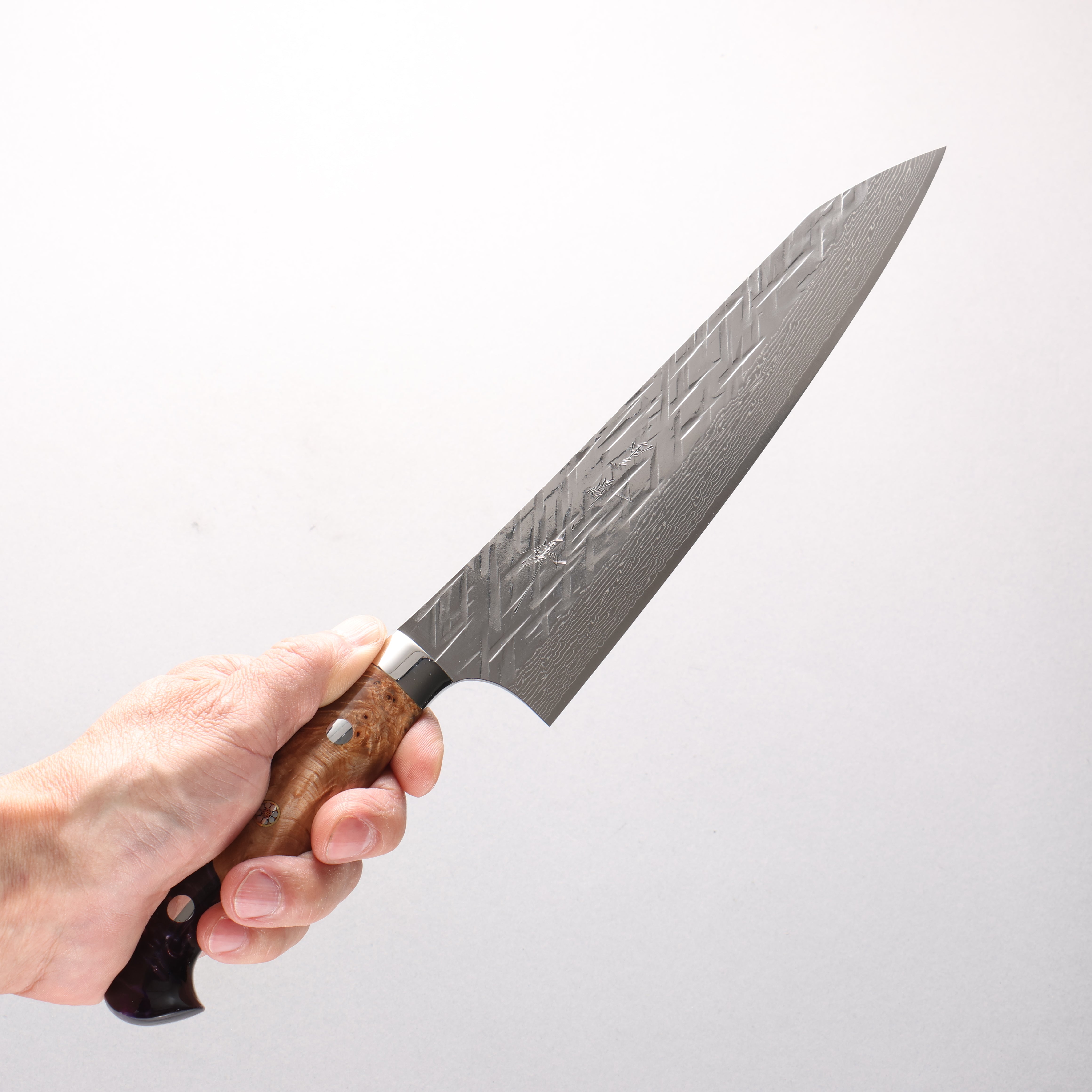 Yu Kurosaki Raijin V-Toku2 Hammered Damascus Gyuto 210mm Olive Tree and Purple Resin Handle