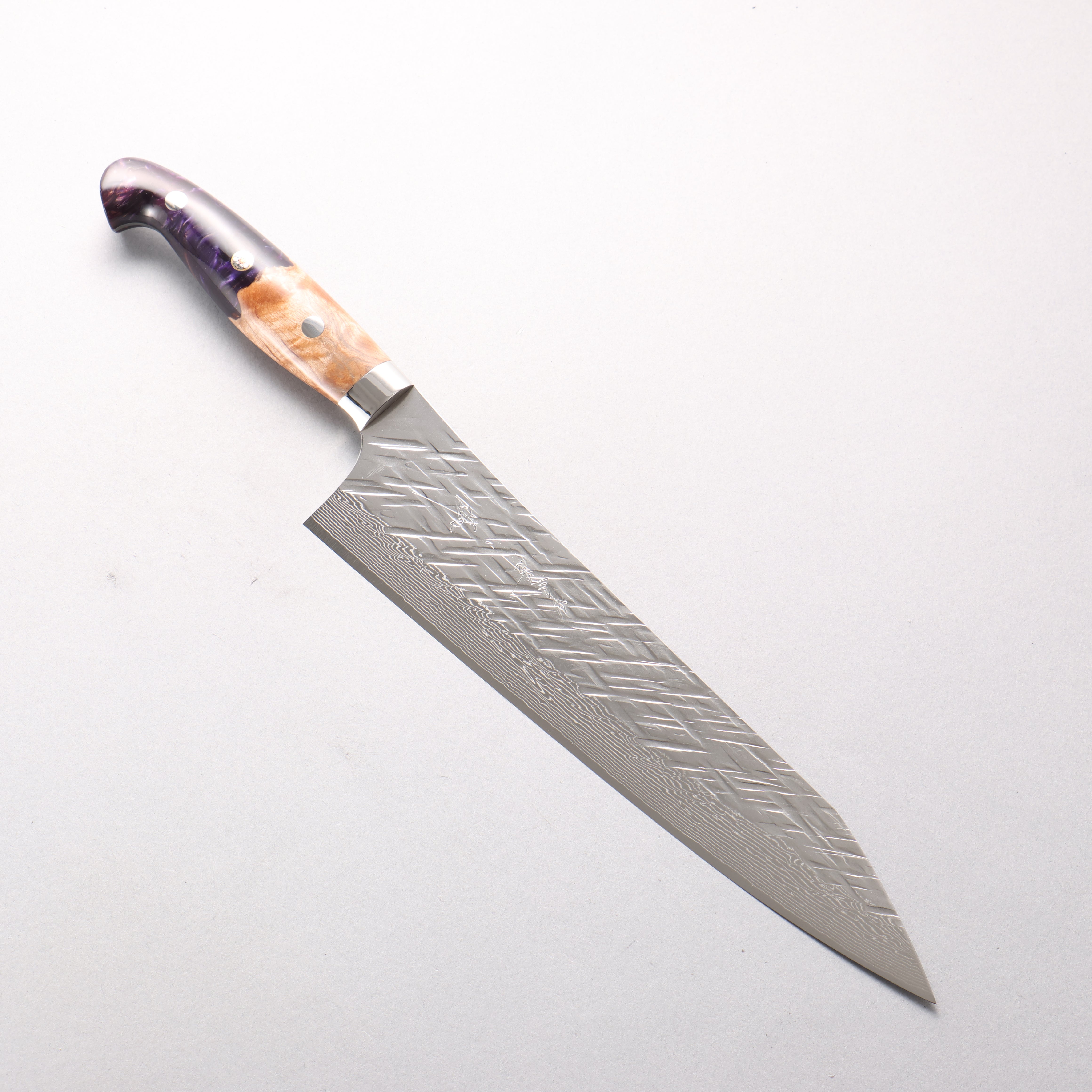 Yu Kurosaki Raijin V-Toku2 Hammered Damascus Gyuto 240mm Olive Tree and Purple Resin Handle