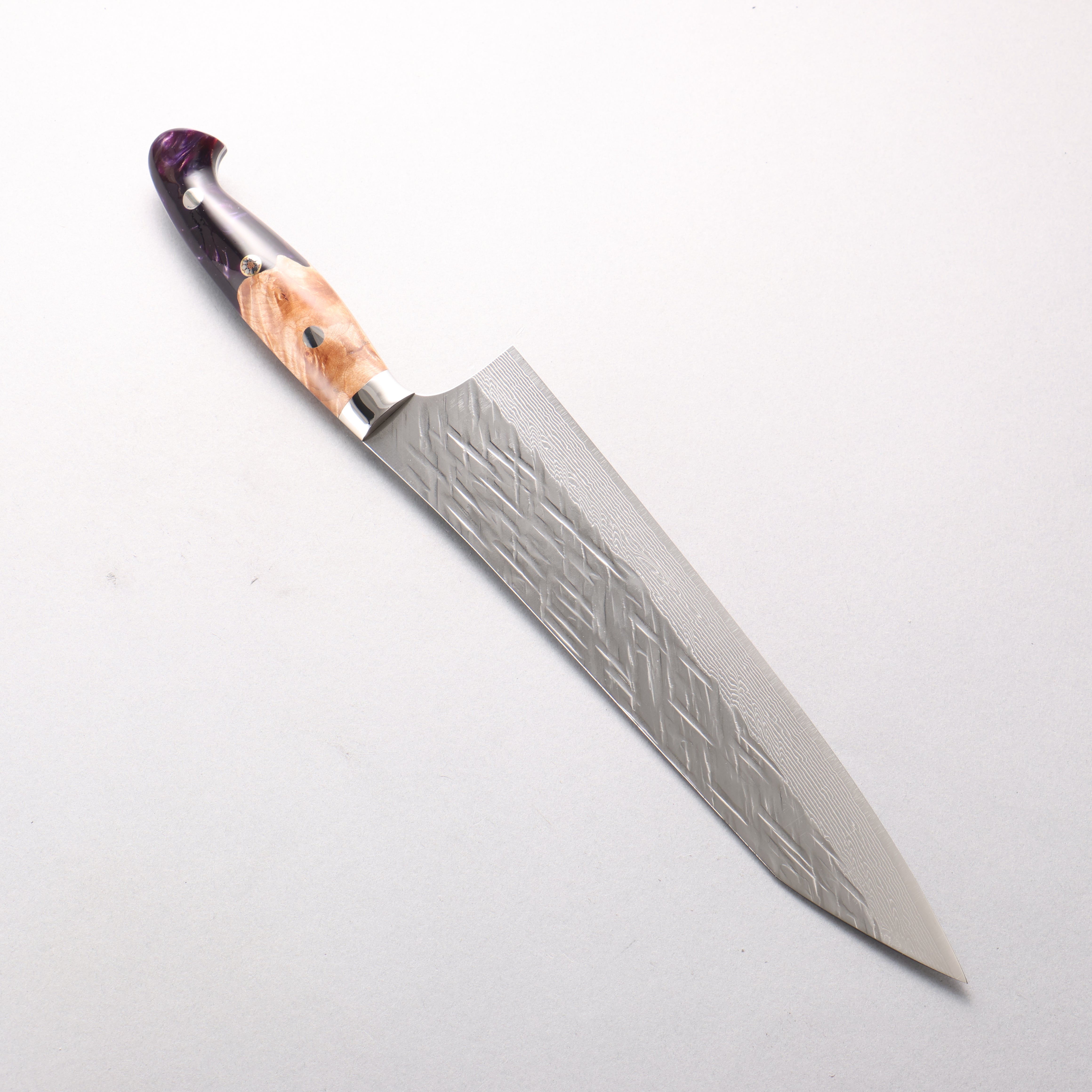 Yu Kurosaki Raijin V-Toku2 Hammered Damascus Gyuto 240mm Olive Tree and Purple Resin Handle