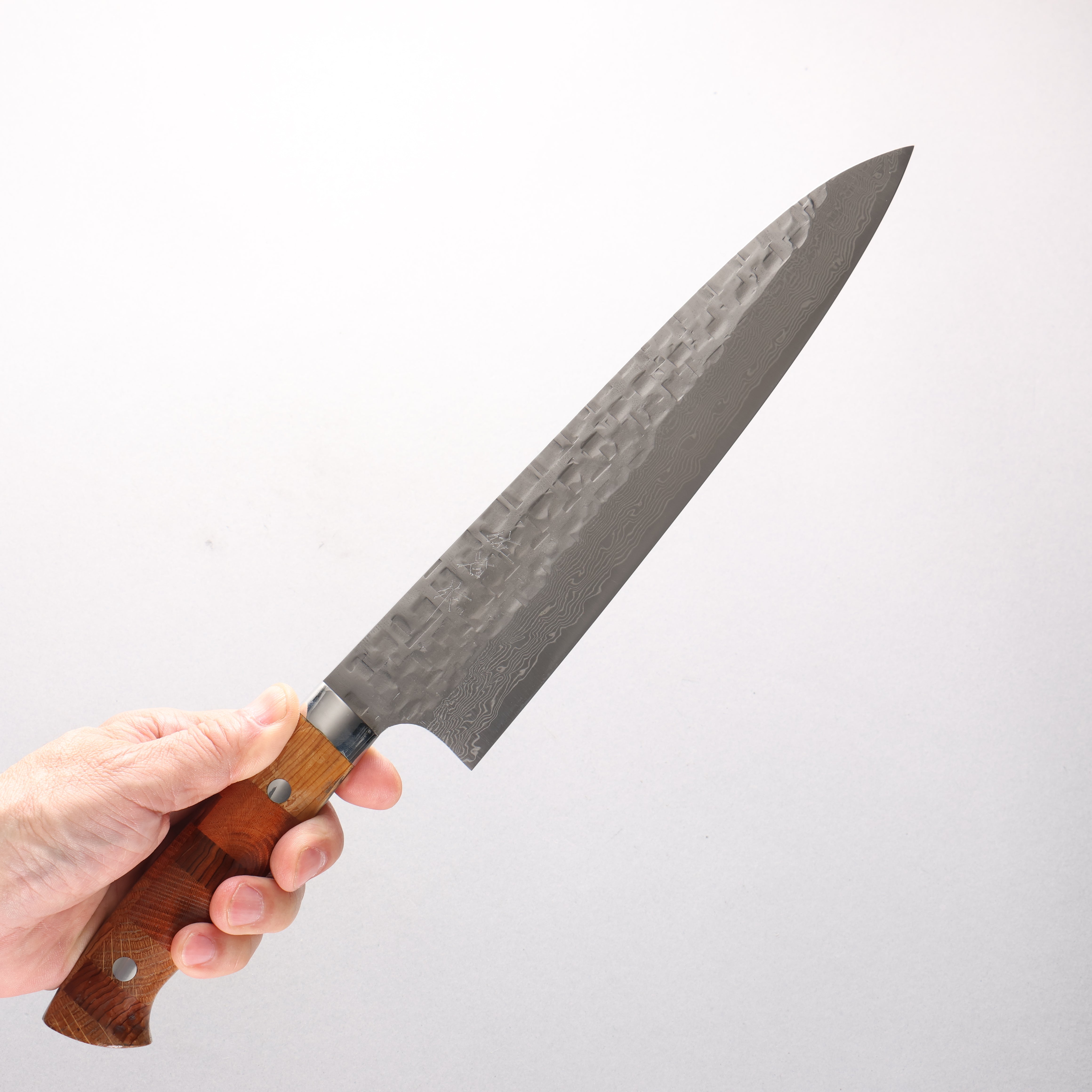 Takeshi Saji VG10 Hammered Damascus Cross Gyuto 240mm Kumiko (Wood Mosaic) Handle - Seisuke Knife