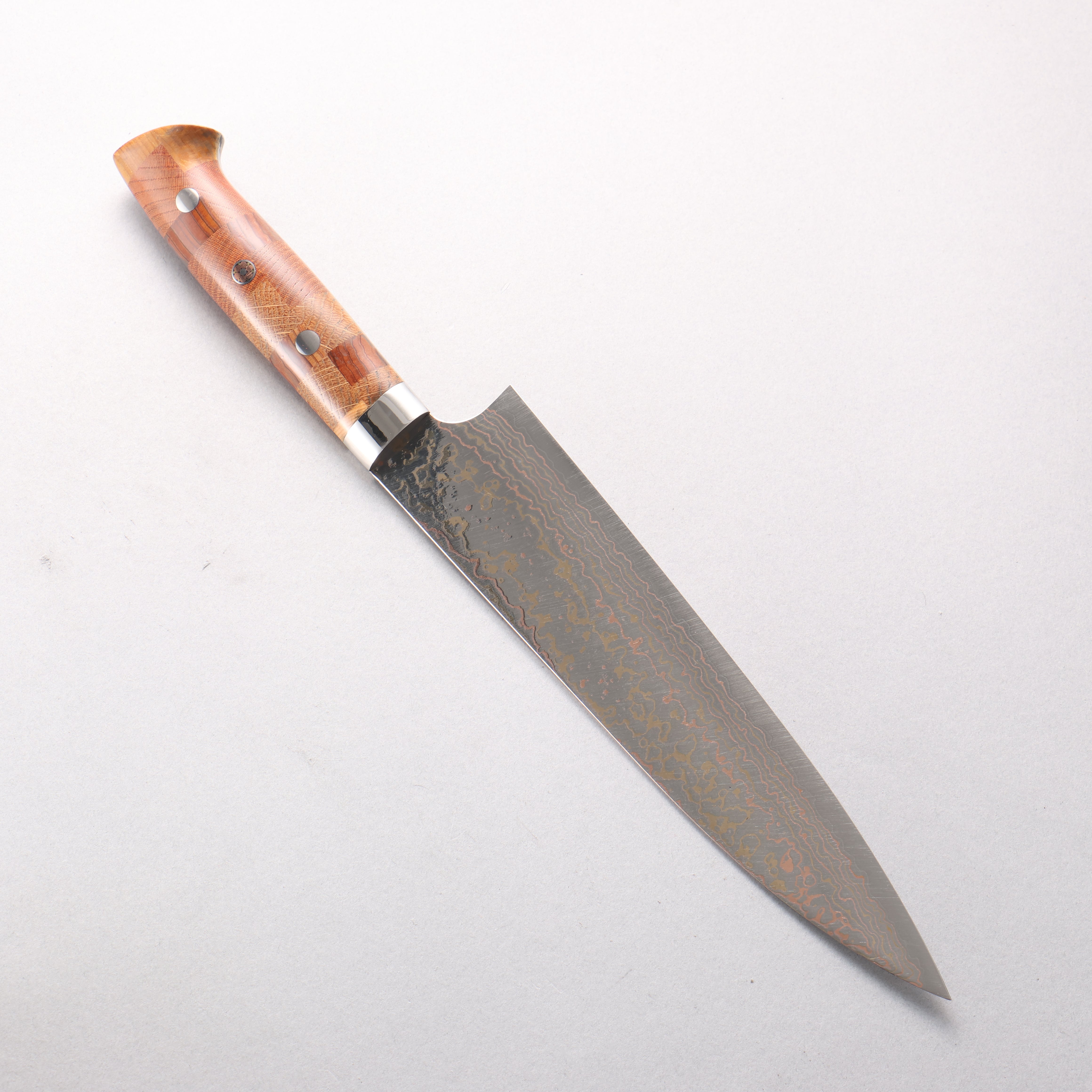 Takeshi Saji VG10w Colored Damascus Migaki Finished Gyuto 210mm Kumiko (Wood Mosaic) Handle - Seisuke Knife