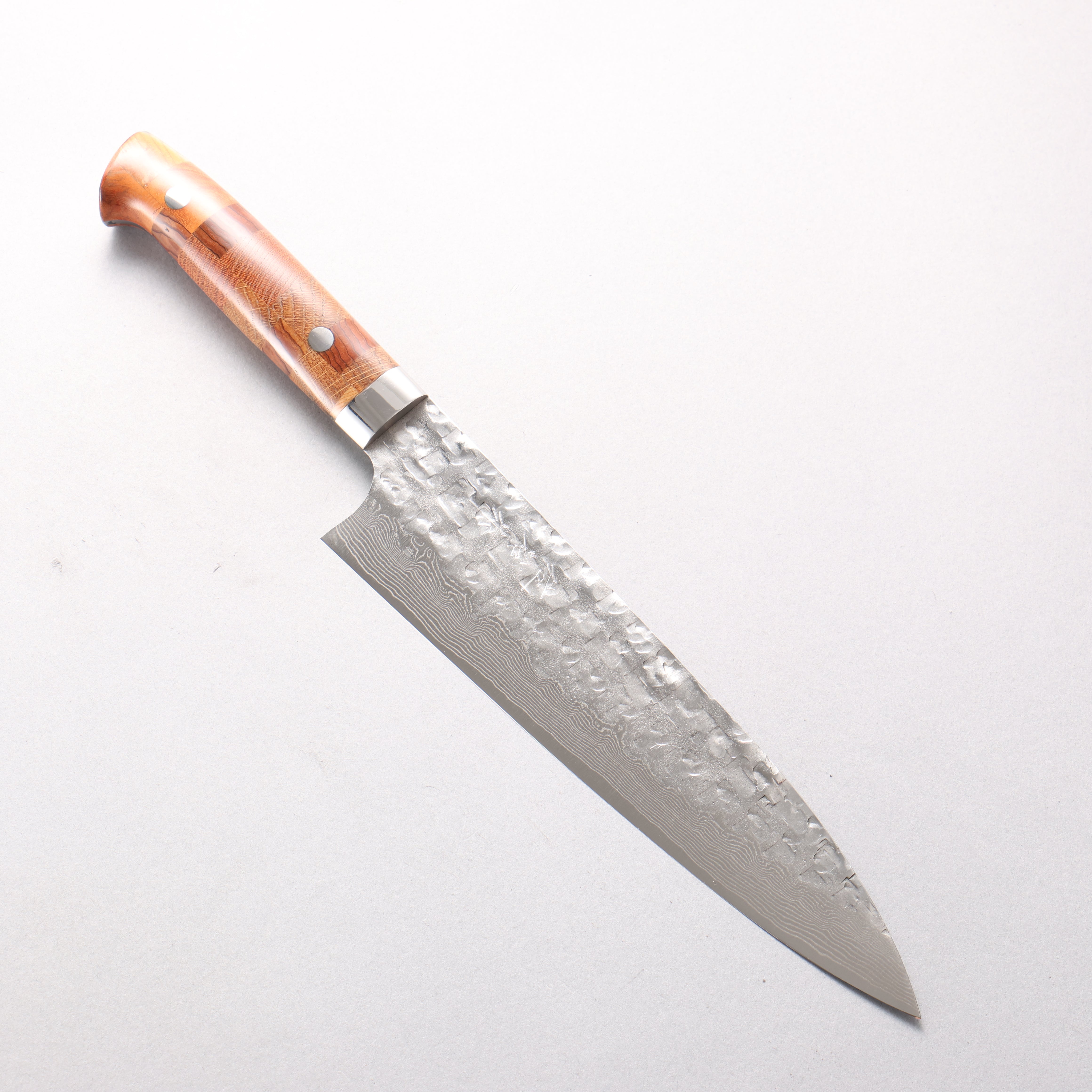 Takeshi Saji VG10 Hammered Damascus Cross Gyuto 210mm Kumiko (Wood Mosaic) Handle - Seisuke Knife