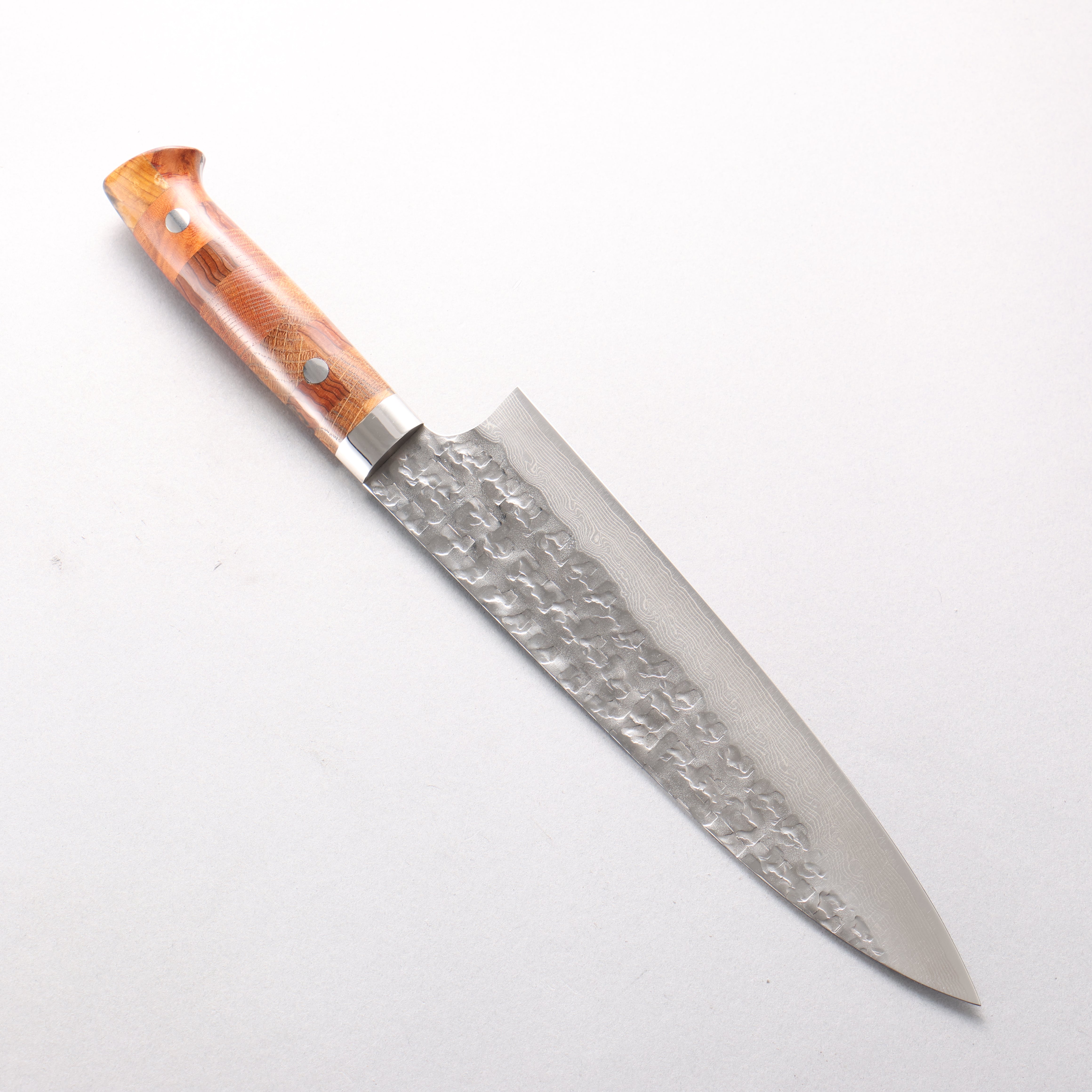 Takeshi Saji VG10 Hammered Damascus Cross Gyuto 210mm Kumiko (Wood Mosaic) Handle - Seisuke Knife