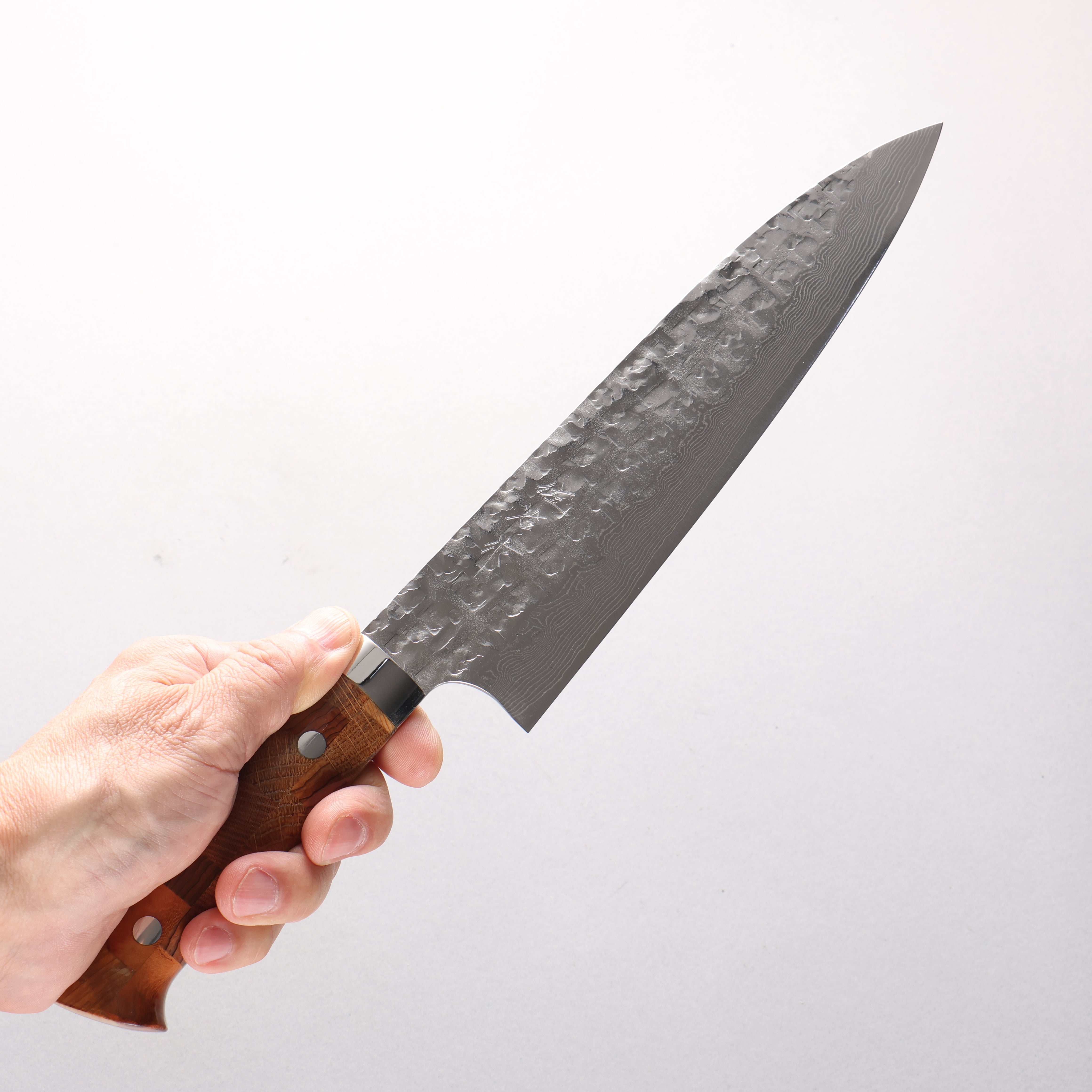 Takeshi Saji VG10 Hammered Damascus Cross Gyuto 210mm Kumiko (Wood Mosaic) Handle - Seisuke Knife