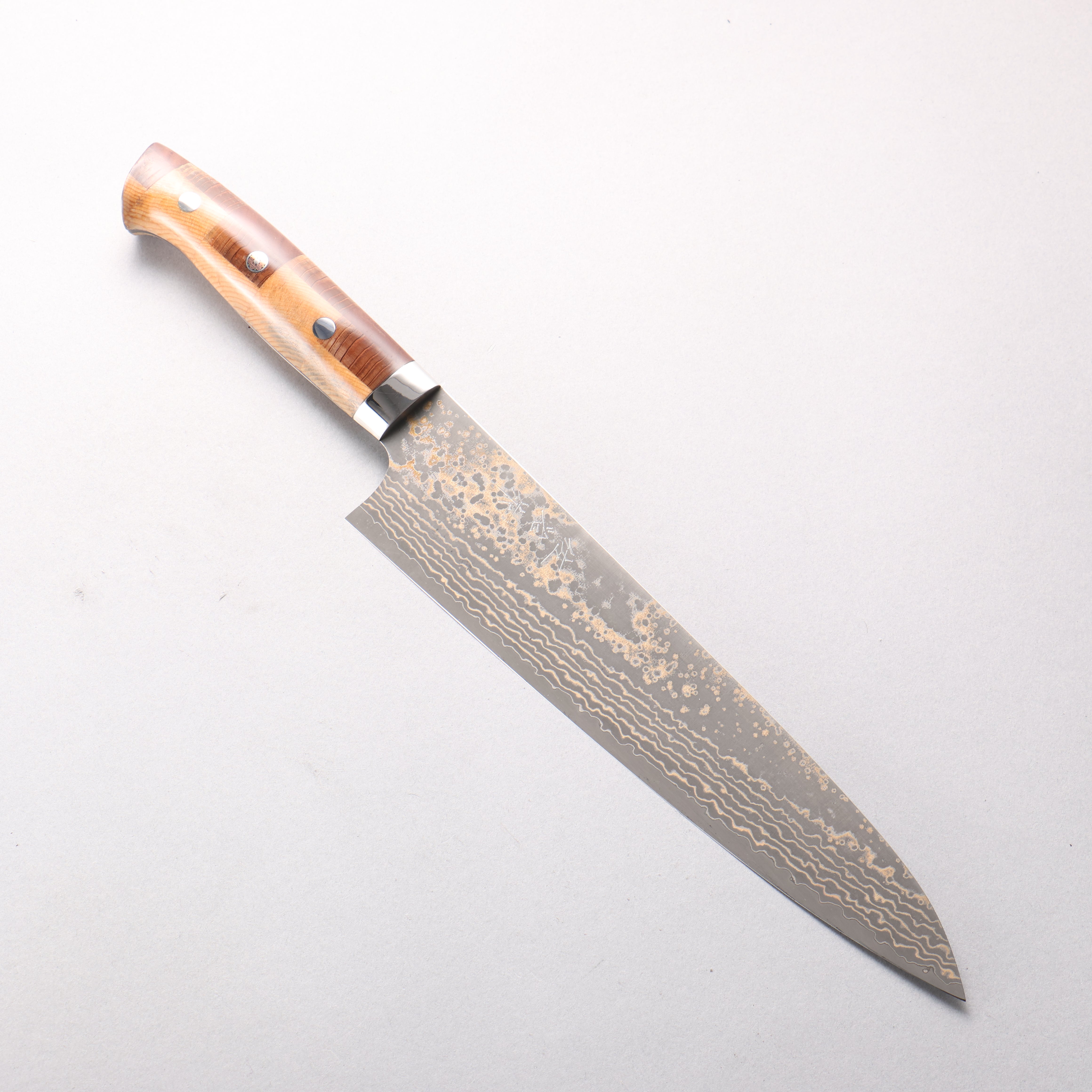 Takeshi Saji VG10w Damascus Gold Colored Gyuto 240mm Kumiko (Wood Mosaic) Handle - Seisuke Knife