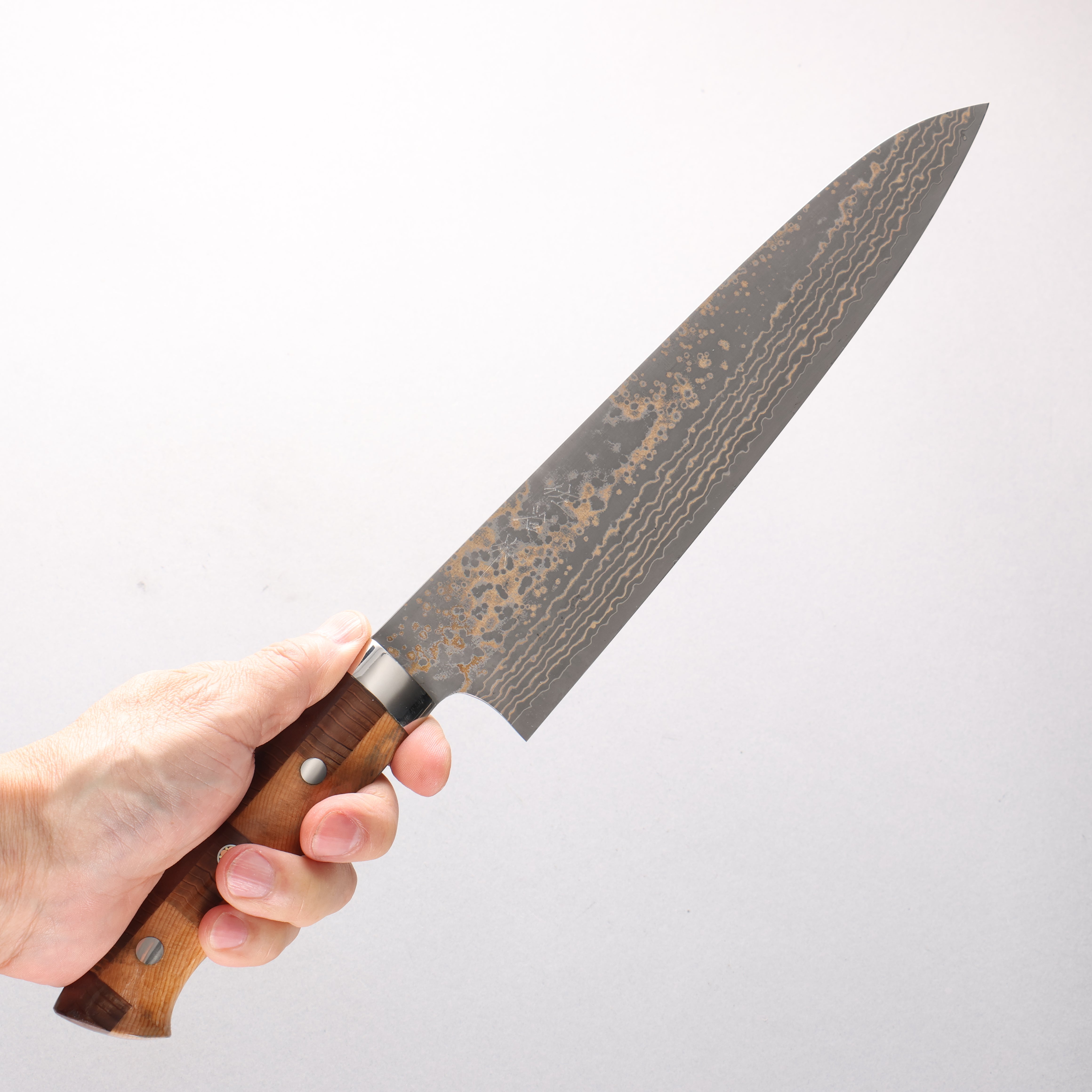 Takeshi Saji VG10w Damascus Gold Colored Gyuto 240mm Kumiko (Wood Mosaic) Handle - Seisuke Knife