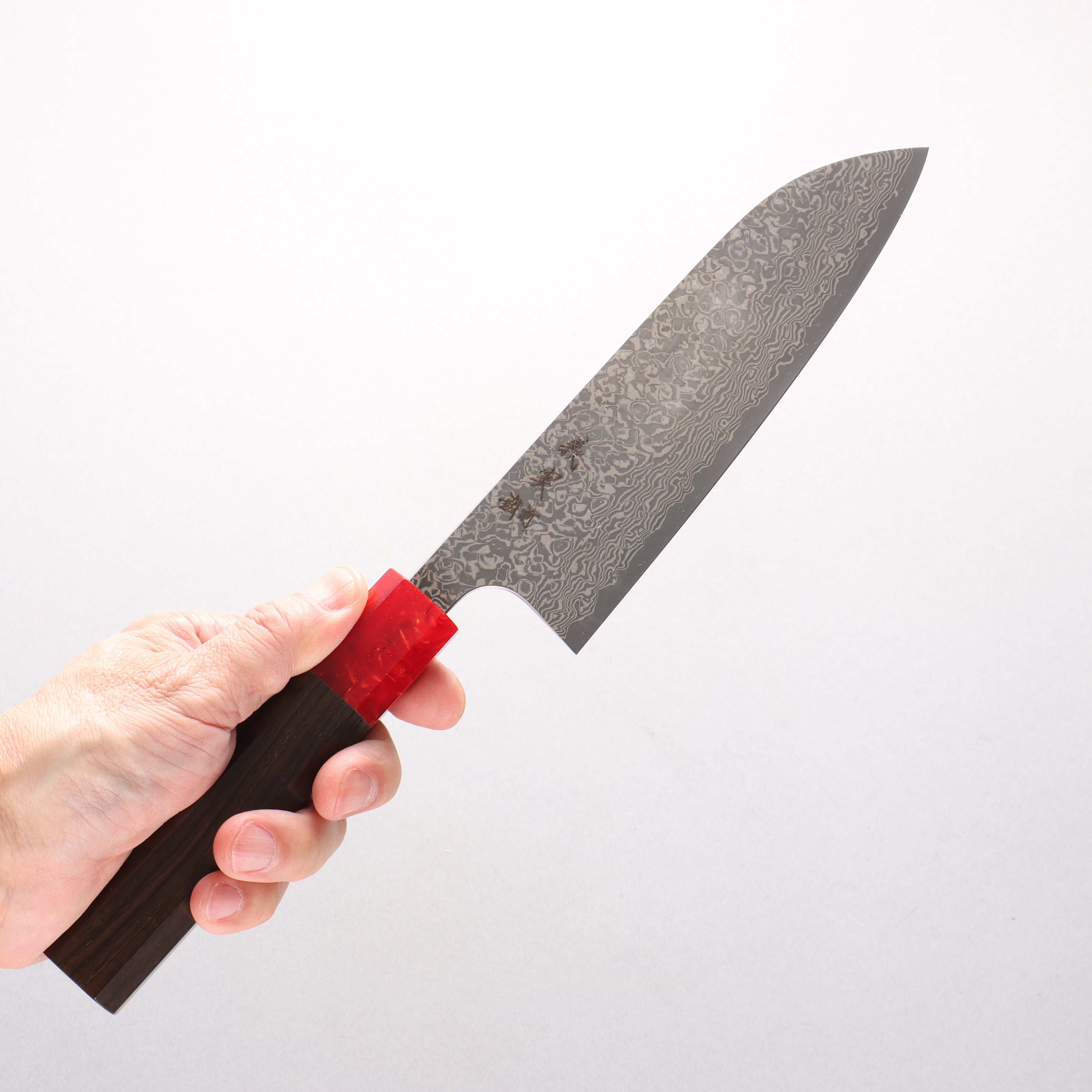 Yoshimi Kato VG10 Black Damascus Santoku 170mm Ebony (ferrule: Red Resin) Handle - Seisuke Knife