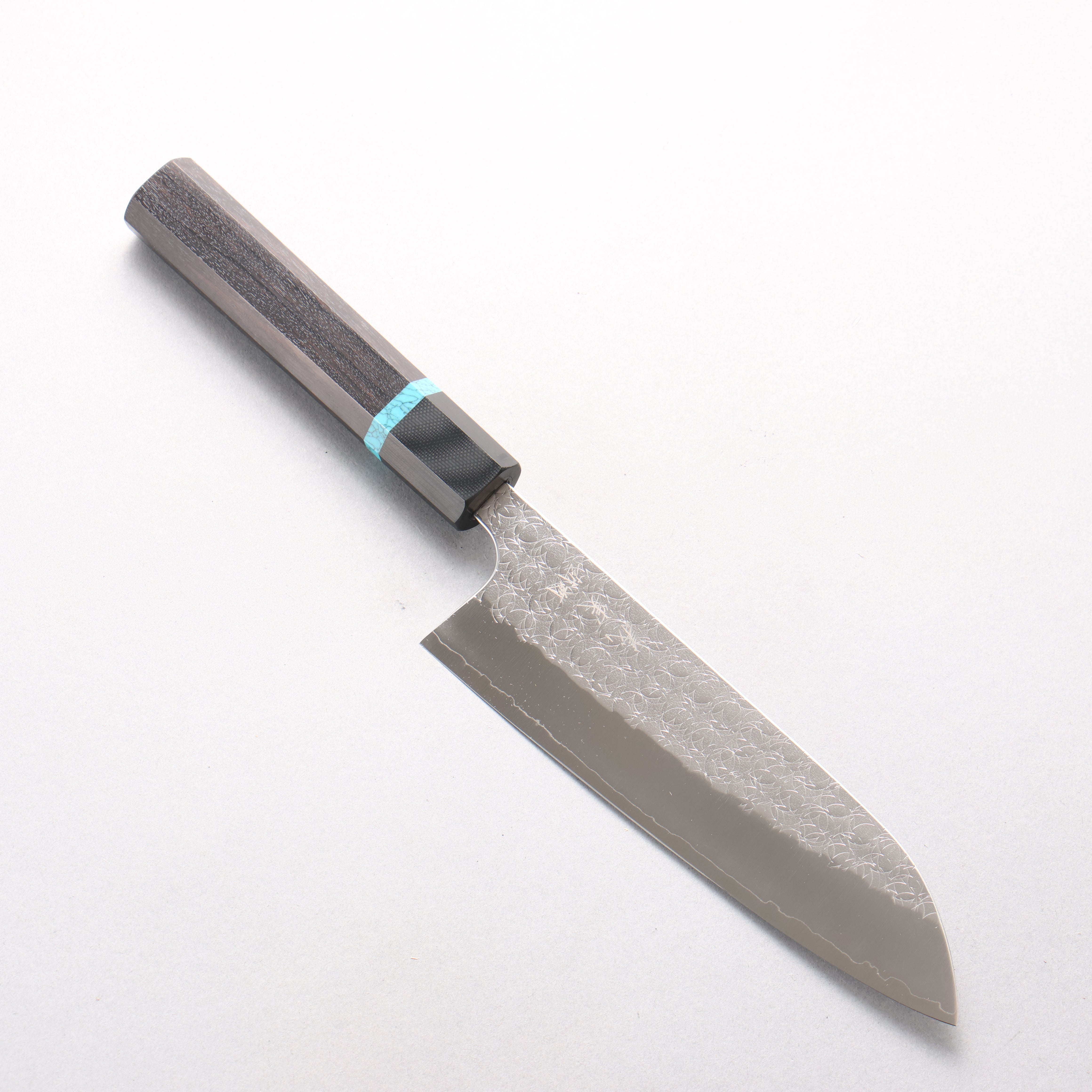 Yoshimi Kato Minamo SG2 Hammered Santoku 170mm African Rosewood with Blue Turquoise Ring (ferrule: G10) Handle - Seisuke Knife