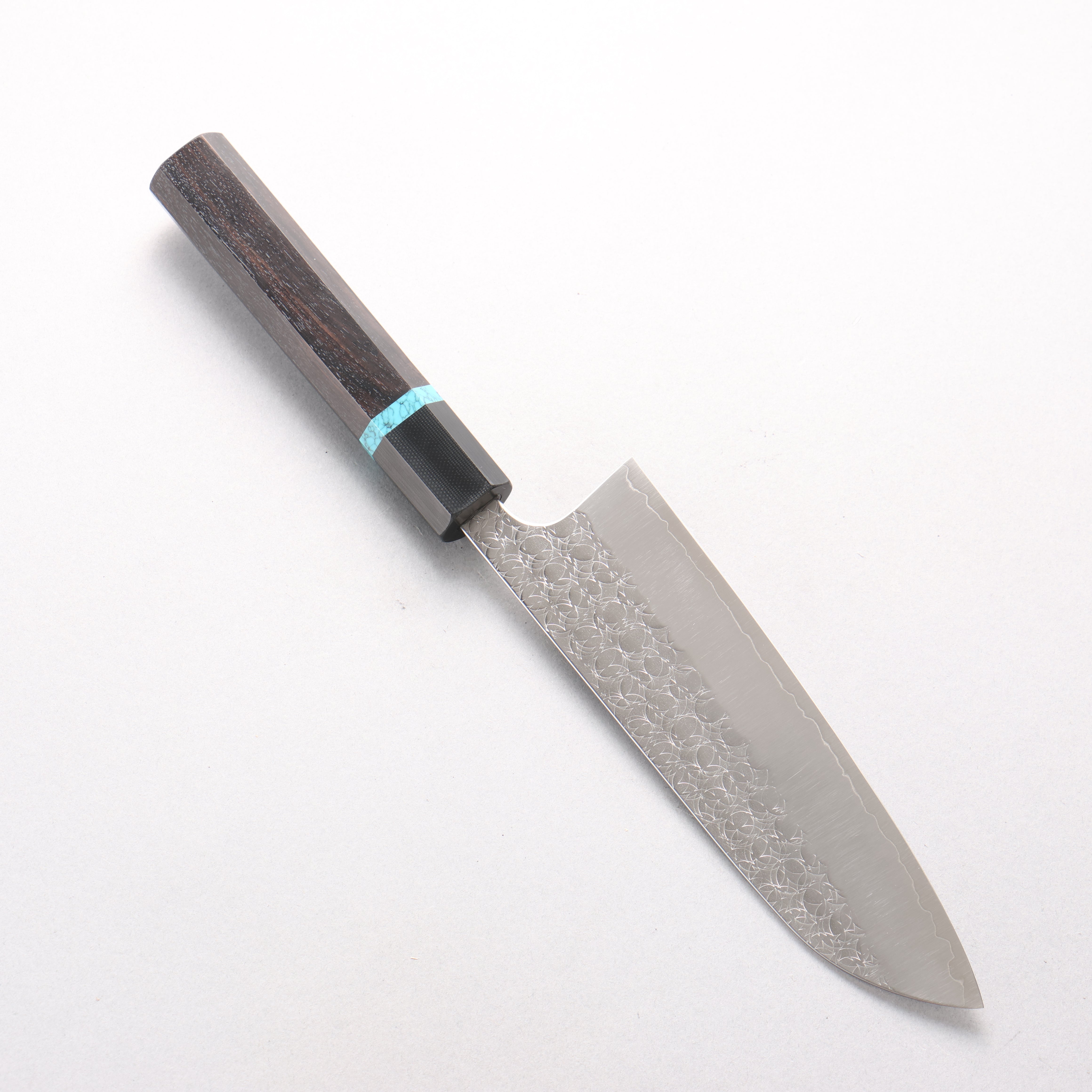 Yoshimi Kato Minamo SG2 Hammered Santoku 170mm African Rosewood with Blue Turquoise Ring (ferrule: G10) Handle - Seisuke Knife