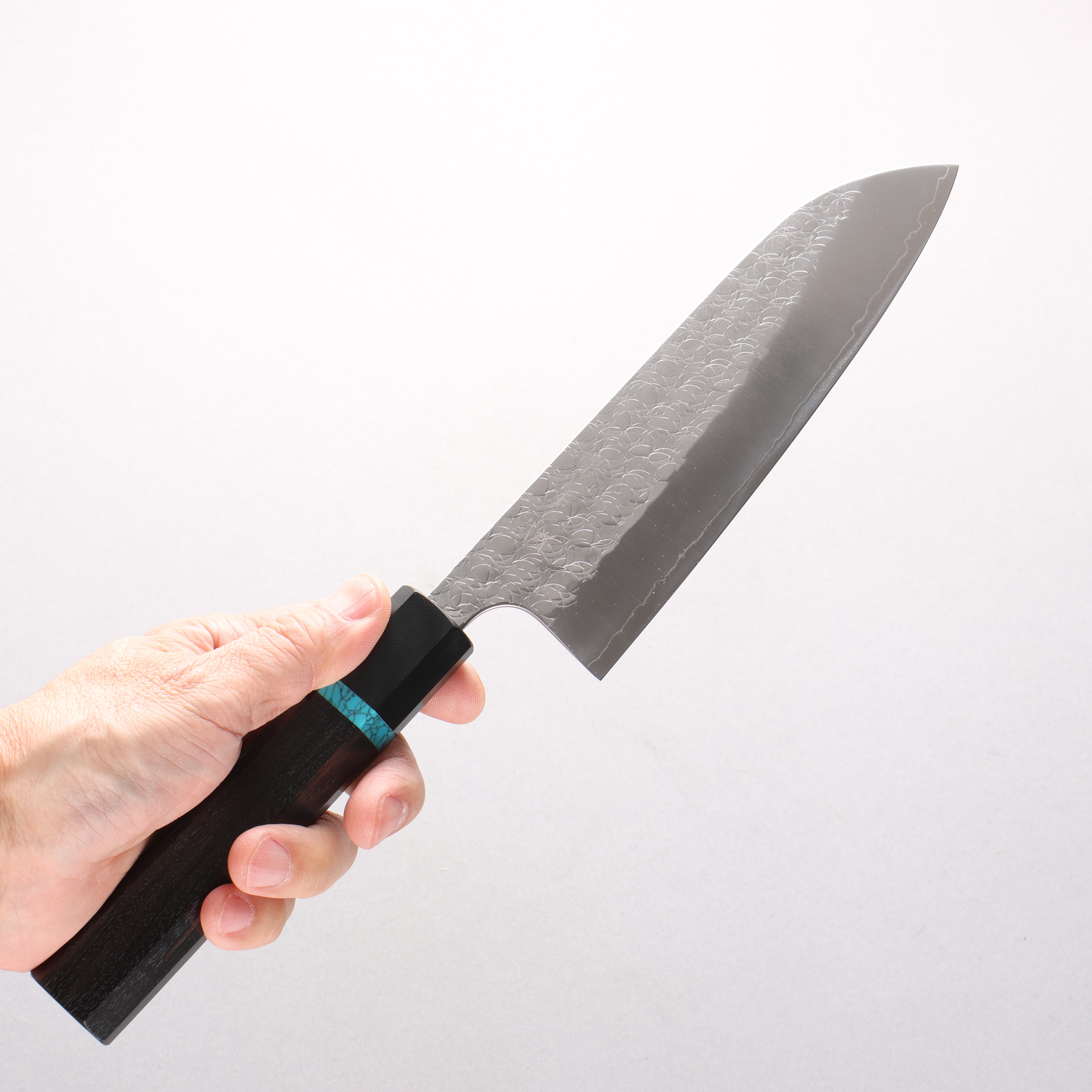 Yoshimi Kato Minamo SG2 Hammered Santoku 170mm African Rosewood with Blue Turquoise Ring (ferrule: G10) Handle - Seisuke Knife