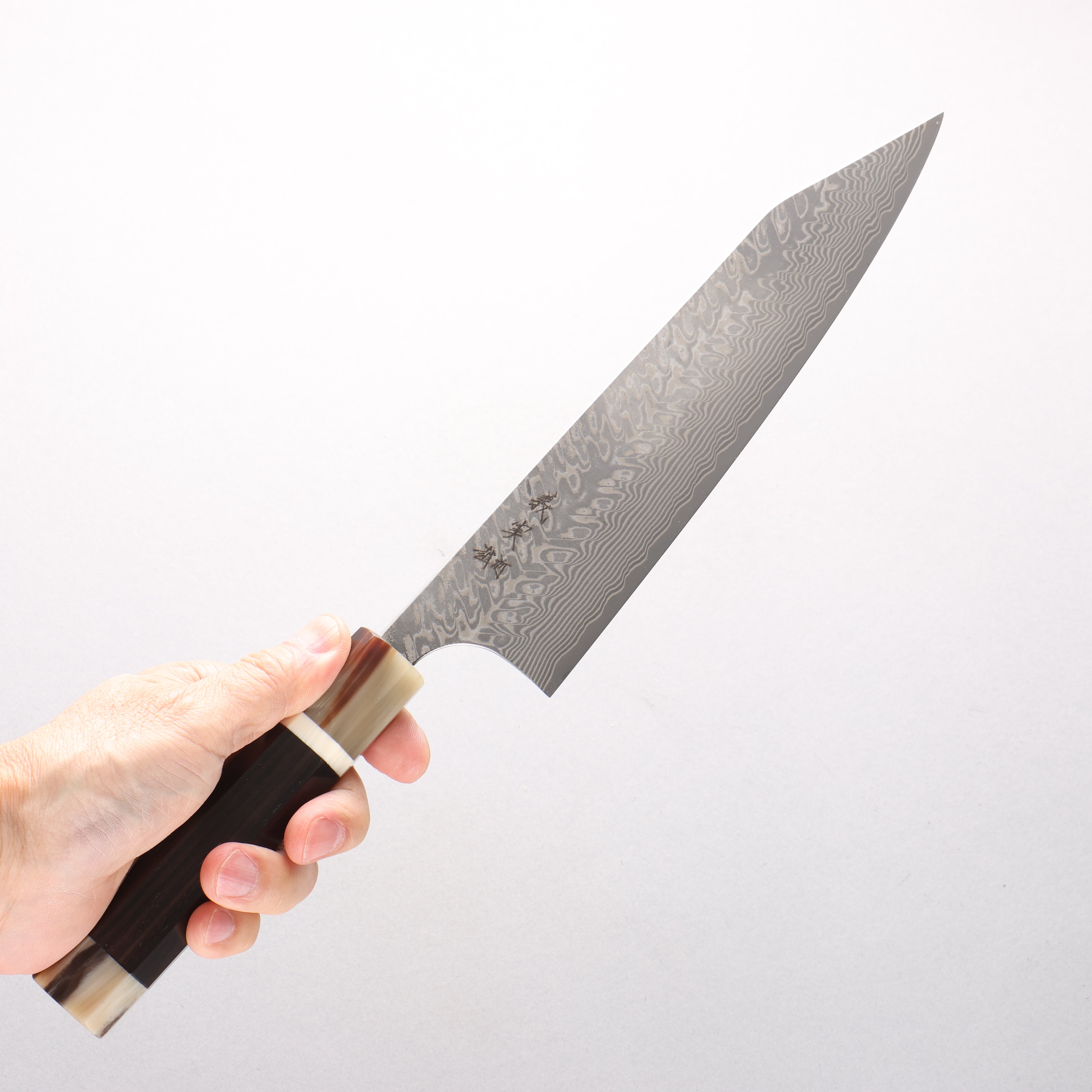 Yoshimi Kato SG2 Black Damascus Kiritsuke Gyuto 210mm African Rosewood (with Double White Buffalo Horn) Handle - Seisuke Knife