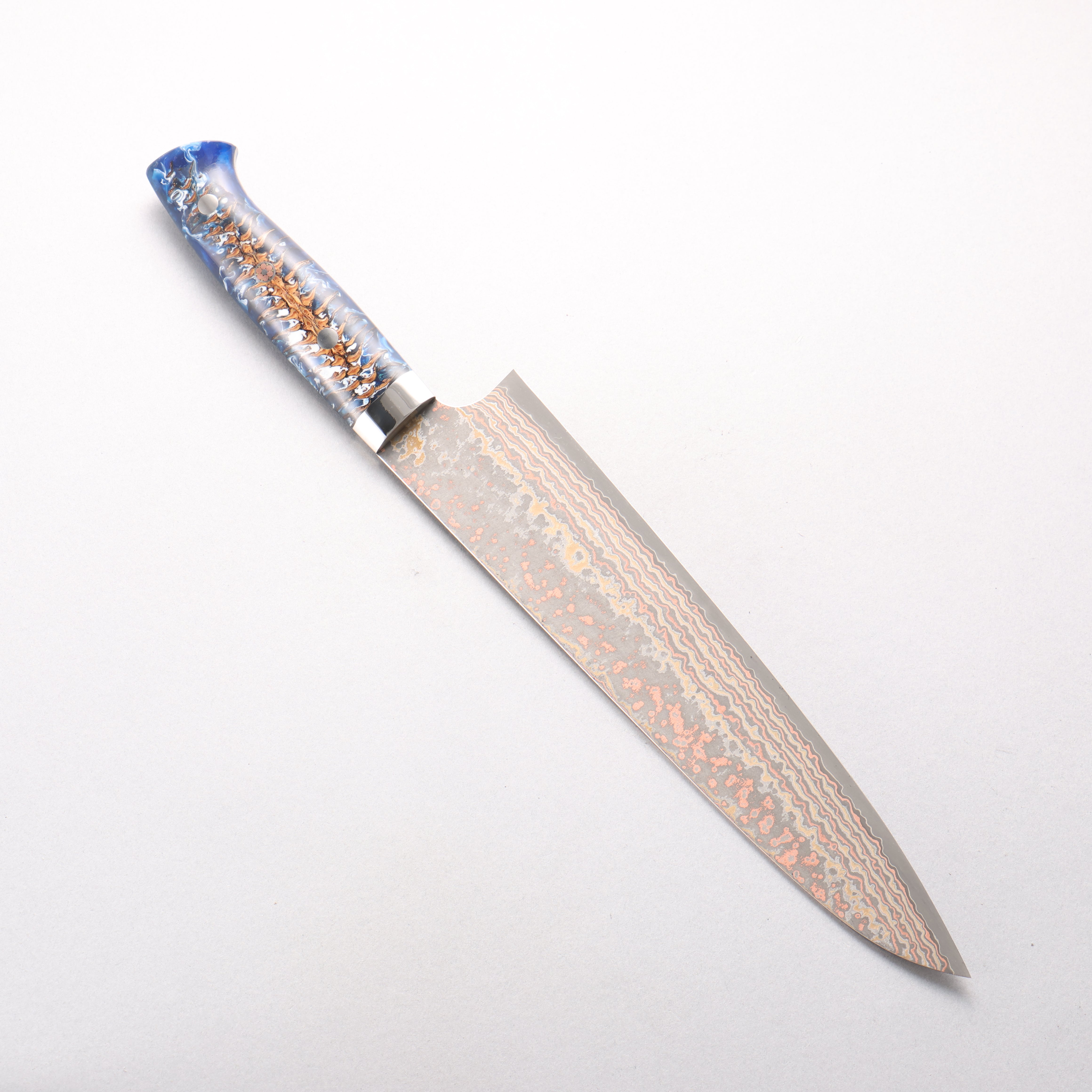 Takeshi Saji VG10w Colored Damascus Nashiji Gyuto 240mm Pine Cone and Blue Acrylic Handle - Seisuke Knife