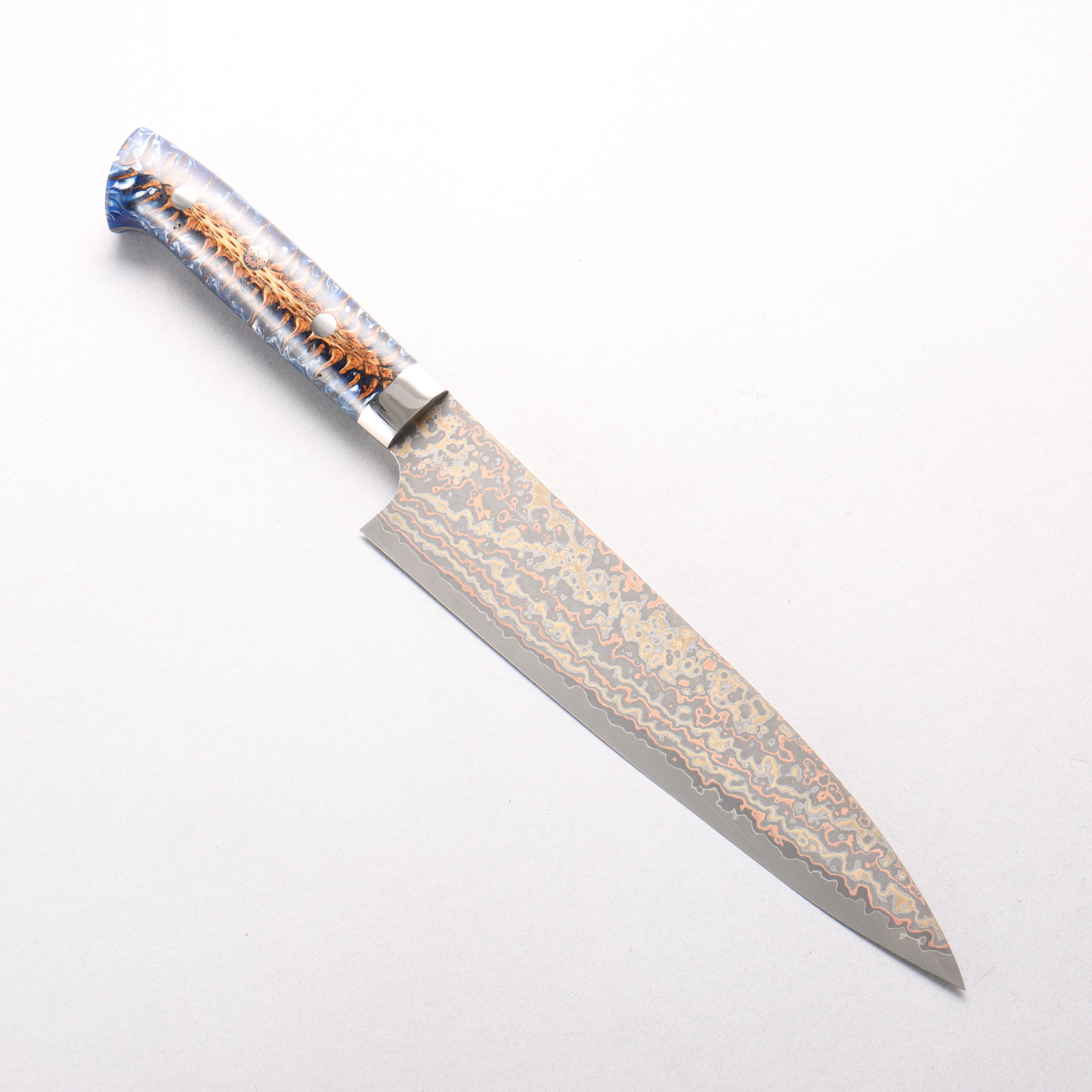 Takeshi Saji VG10w Colored Damascus Nashiji Gyuto 210mm Pine Cone and Blue Acrylic Handle - Seisuke Knife