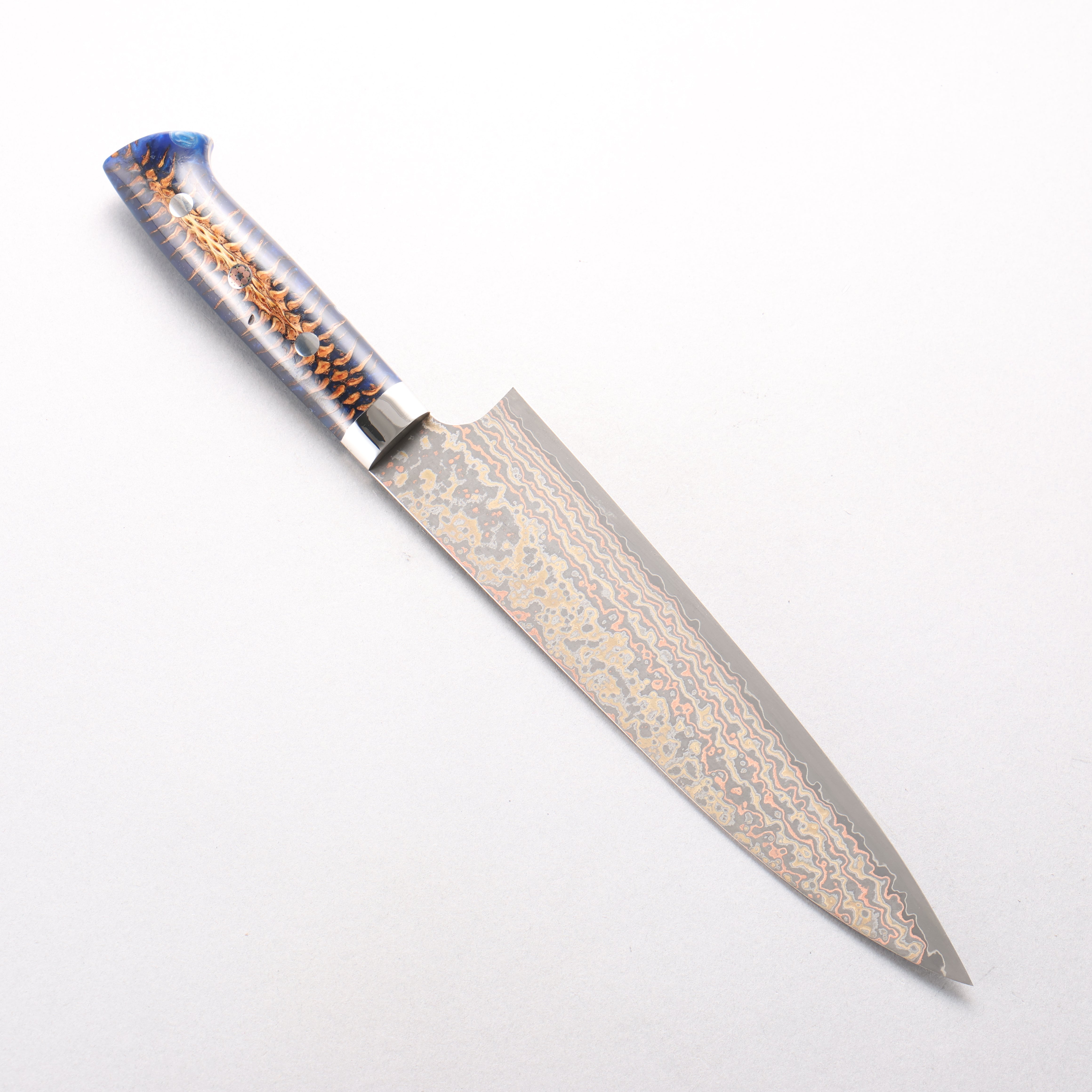 Takeshi Saji VG10w Colored Damascus Nashiji Gyuto 210mm Pine Cone and Blue Acrylic Handle - Seisuke Knife
