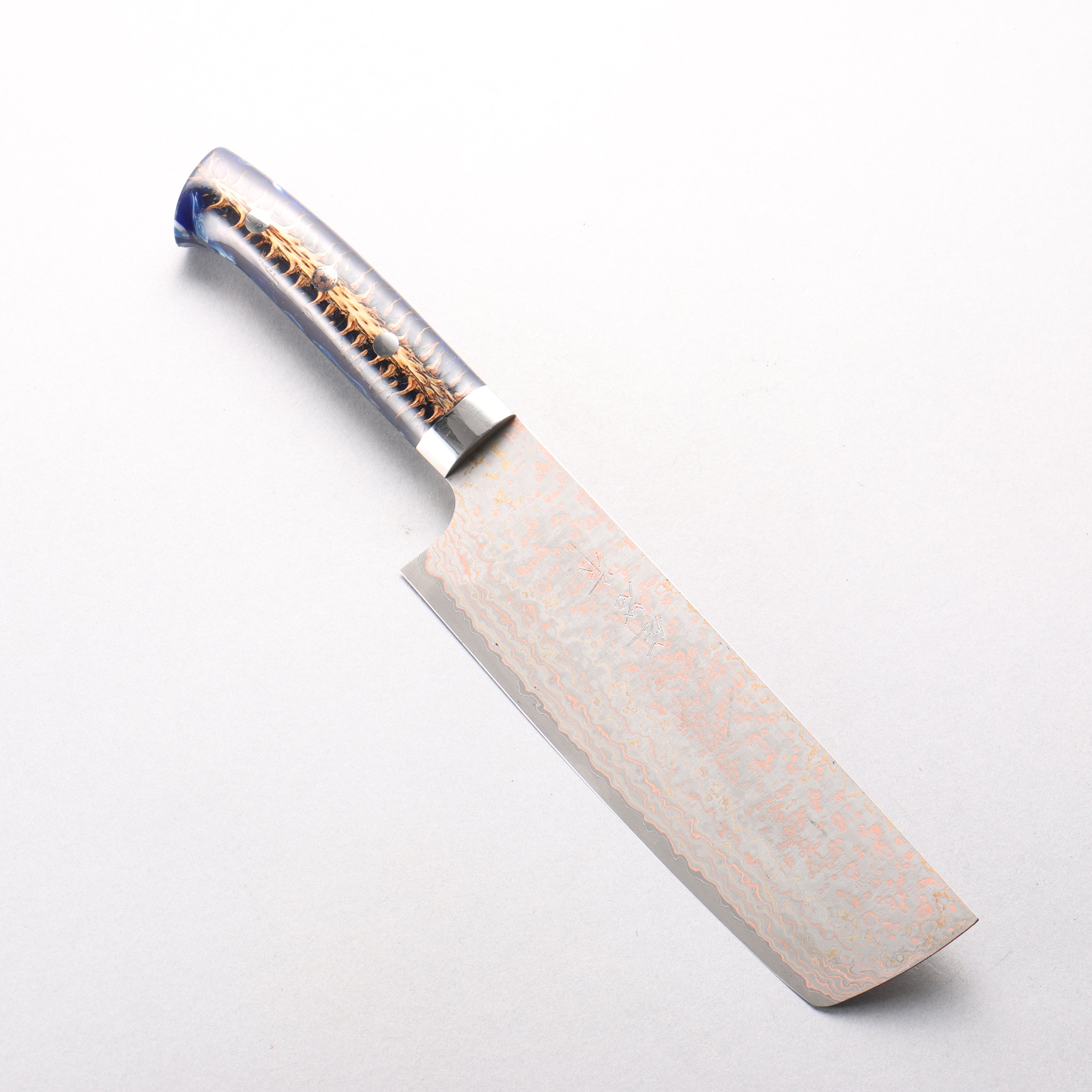 Takeshi Saji VG10w Colored Damascus Nashiji Nakiri 165mm Pine Cone and Blue Acrylic Handle - Seisuke Knife