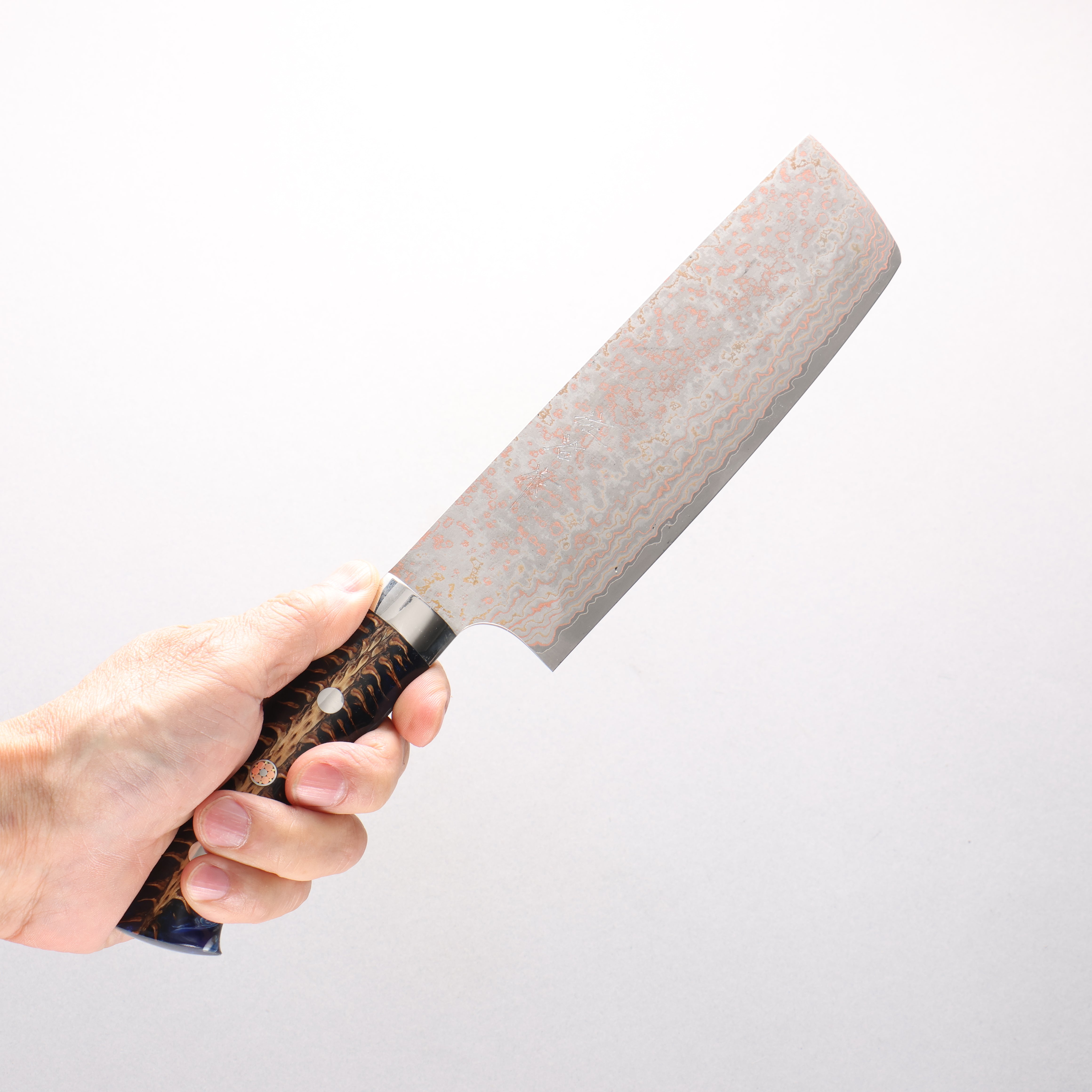 Takeshi Saji VG10w Colored Damascus Nashiji Nakiri 165mm Pine Cone and Blue Acrylic Handle - Seisuke Knife